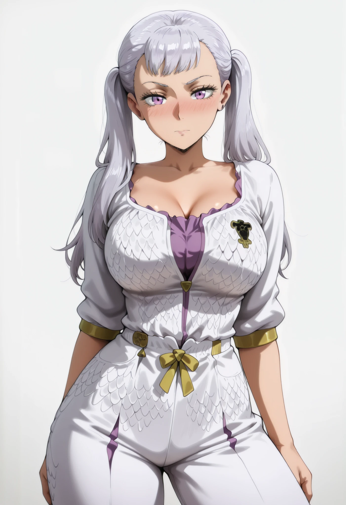 score_9, score_8_up, score_7_up, score_6_up, score_5_up, score_4_up, masterpiece, high quality, shiny skin, shiny hair, shiny body, clear body, large breasts, nose blush, nice legs, standing, nice legs, posing, SFW, looking at viewer, thick thigh, thick thighs, nice face, large breasts, solo, , noelle silva, long hair, twintails, purple eyes, grey hair, mature female, large breasts, anime screencap, bedroom, posing, pose, contrapposto, white background, simple background, pants, pants, fully pants, ht_pajamas,laces