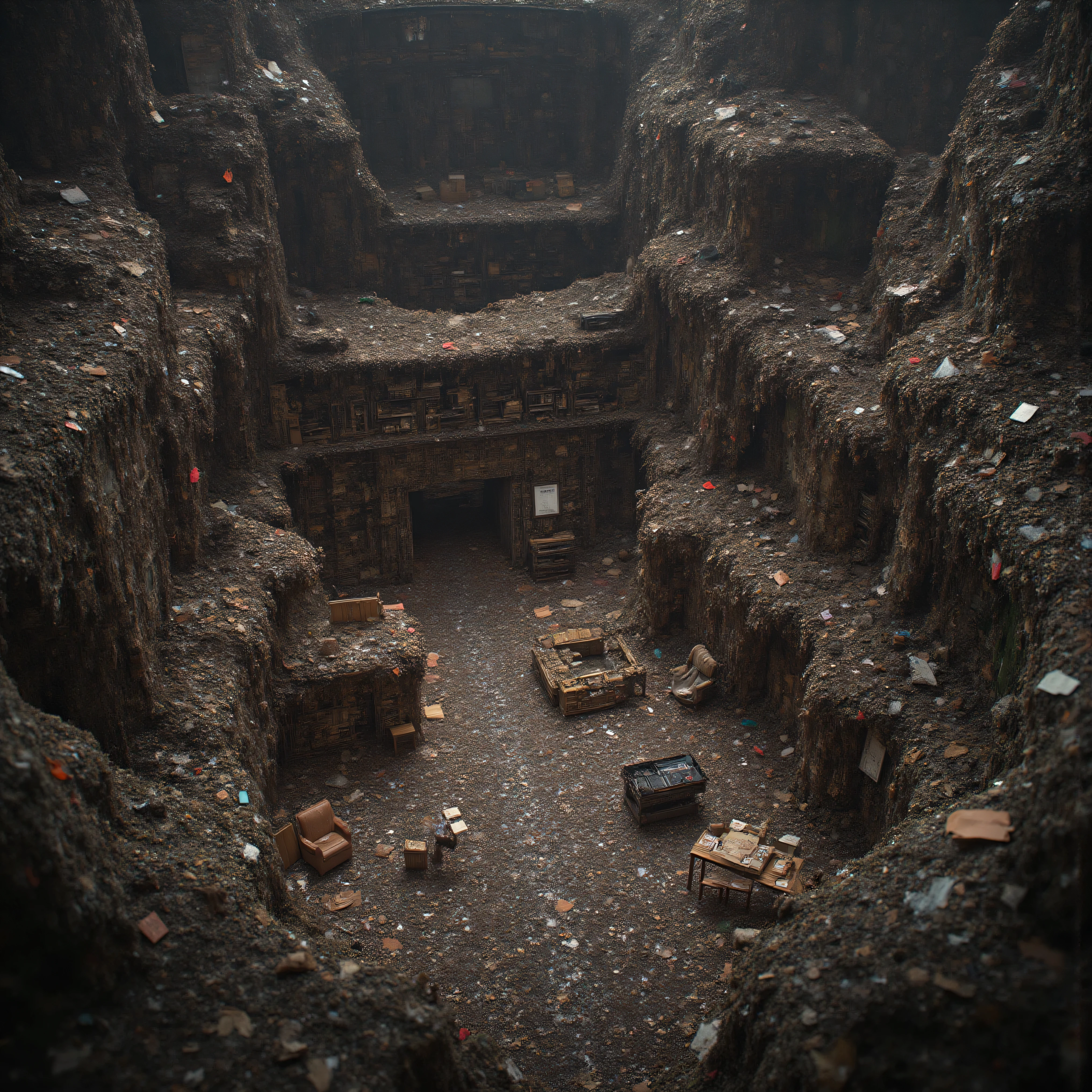 a landfill in a post apocalyptic world, tunnels through the trash, miles of tunnels, rooms carved out of garbage,beds and couches set in rooms, little tables, chairs, books on shelves, fire pits, bbq pits and grills, buckets of water. Structures built. ultra-realistic, stunning, 8k octane, detailed environment, dilapidated infrastructure, crumbling ruins, scrap metal structures, decaying buildings, post-industrial decay, dystopian atmosphere, muted color palette, natural lighting, photorealistic, 4k, hdr, physically-based rendering, sharp focus, vibrant colors, cinematic