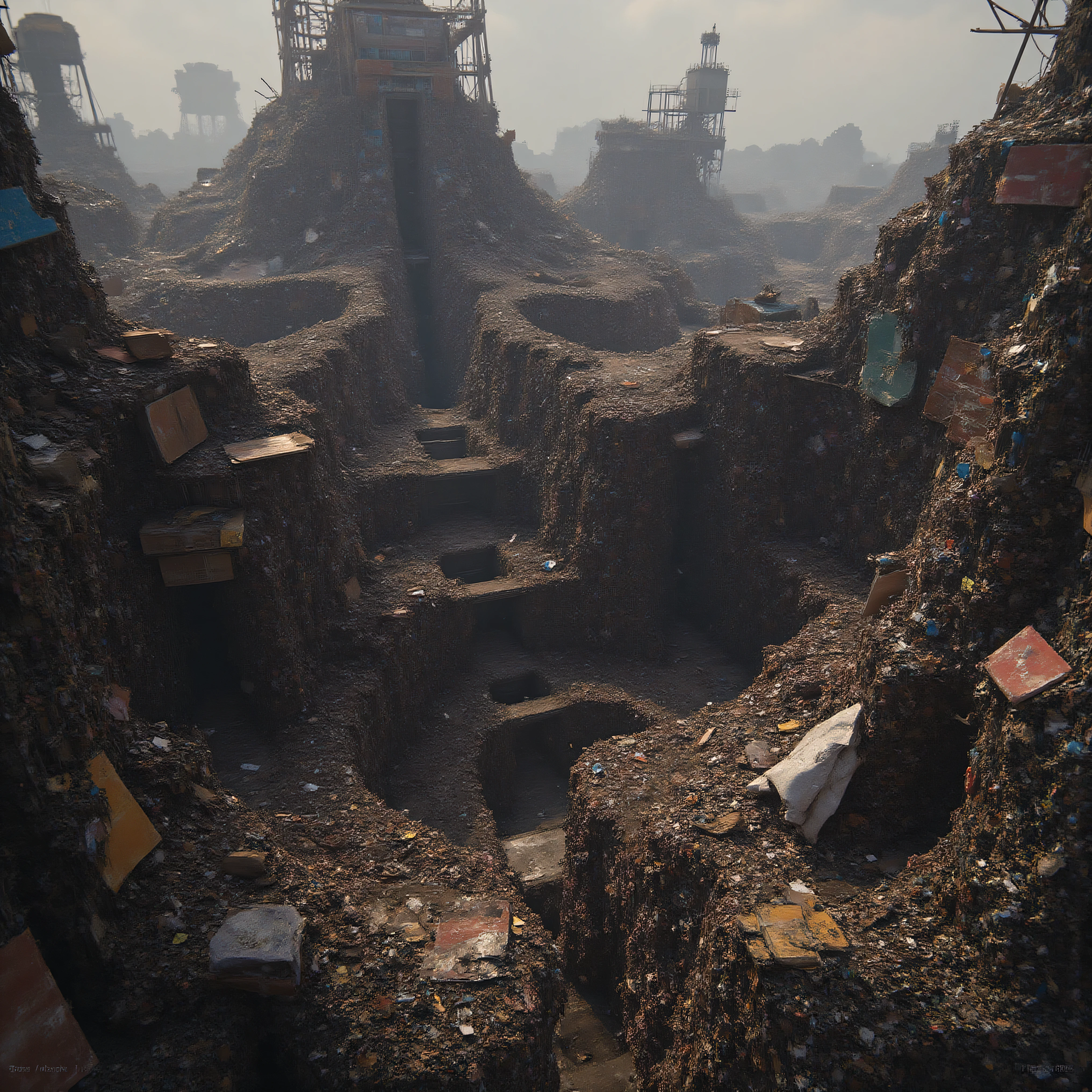 a landfill in a post apocalyptic world, tunnels through the trash, miles of tunnels, rooms carved out of garbage, ultra-realistic, stunning, 8k octane, detailed environment, dilapidated infrastructure, crumbling ruins, scrap metal structures, decaying buildings, post-industrial decay, dystopian atmosphere, muted color palette, natural lighting, photorealistic, 4k, hdr, physically-based rendering, sharp focus, vibrant colors, cinematic