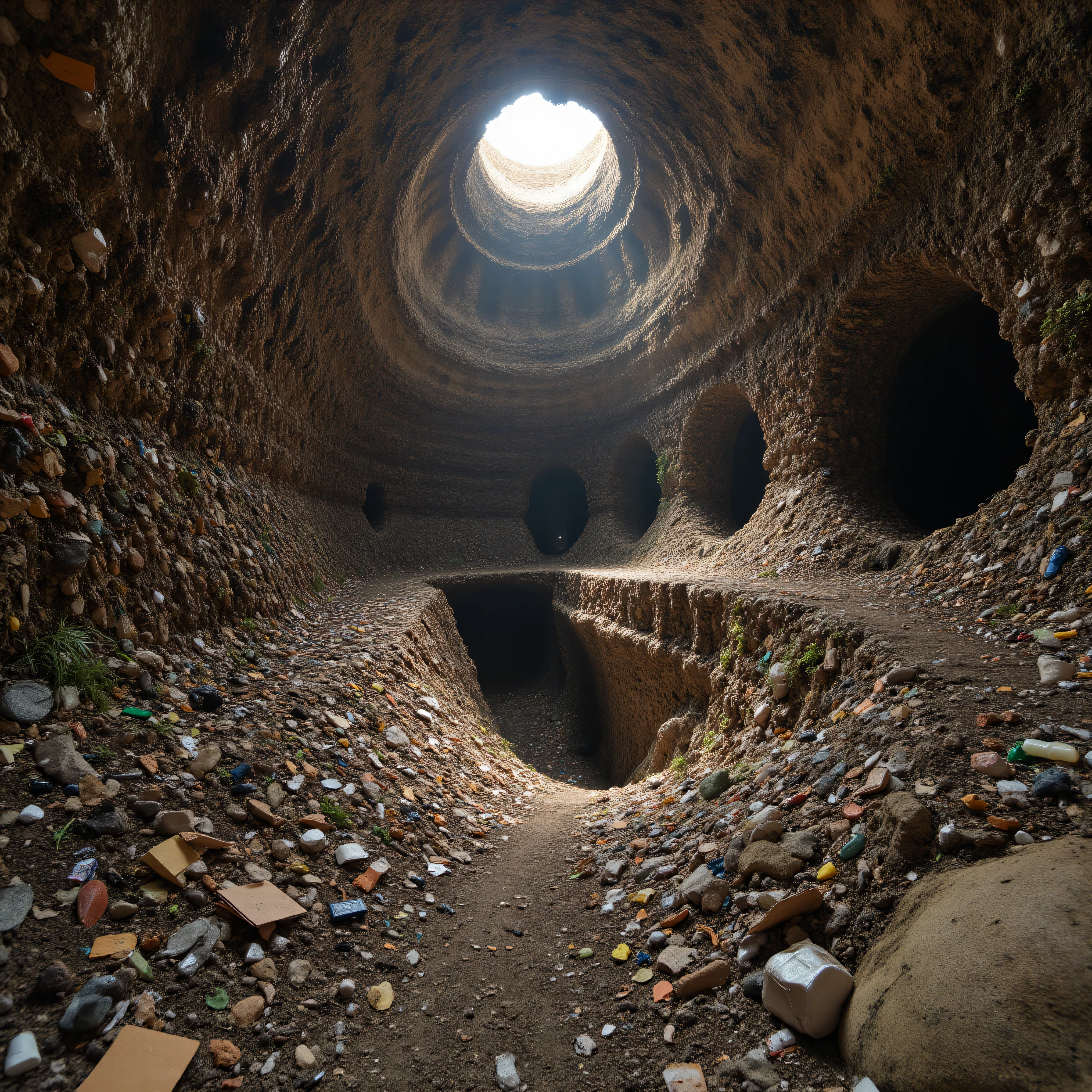In a post-apocalyptic future an old landfill with miles of deep ant farm-like tunnels made through trash with rooms to live in carved out of and made up of garbage, and whatever could br found at the dump. Ultra-realistic, photo-realistic, raw photo, 8k, UHDR.