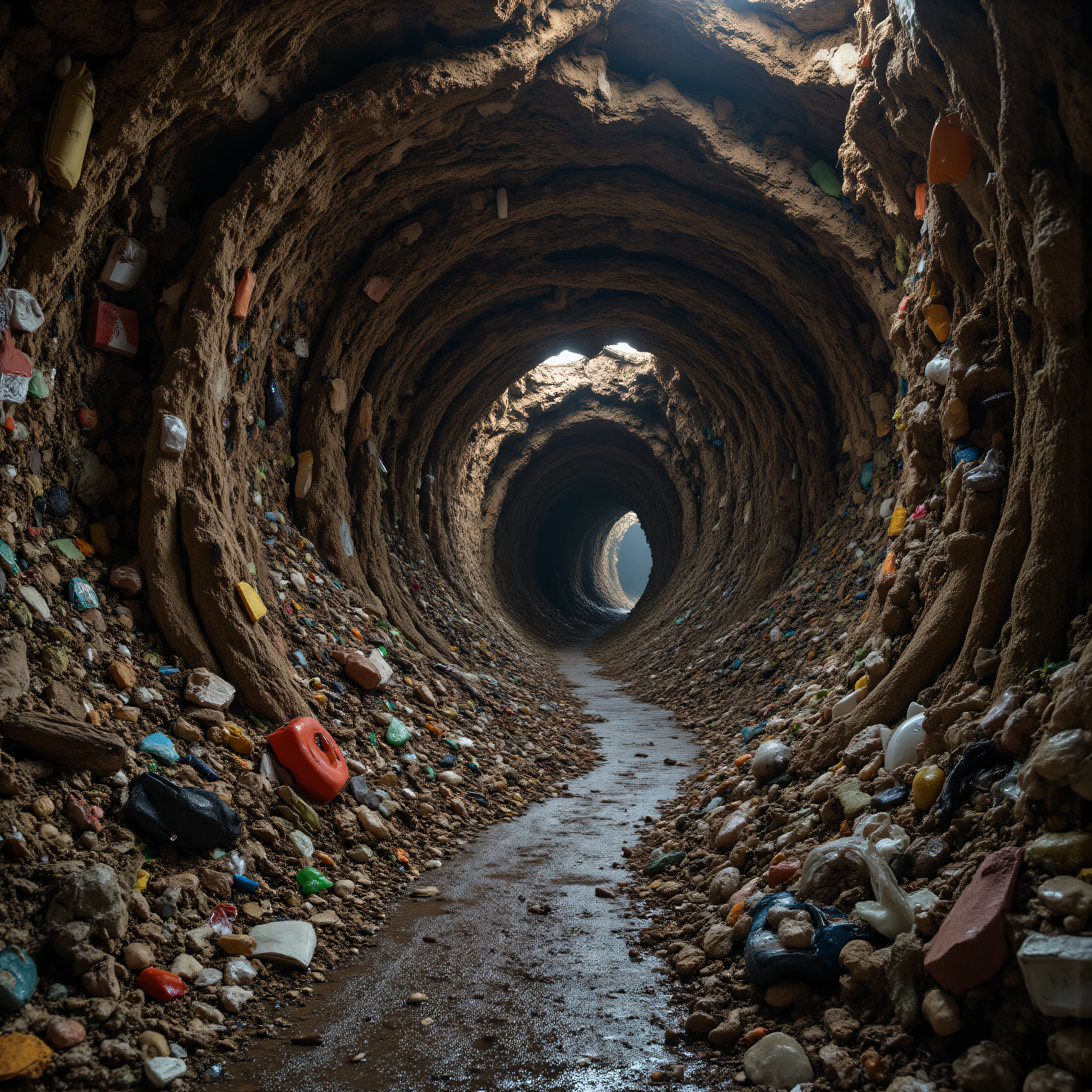 In a post-apocalyptic future an old landfill with miles of deep ant farm-like tunnels made through trash with rooms to live in carved out of and made up of garbage, and whatever could br found at the dump. Ultra-realistic, photo-realistic, raw photo, 8k, UHDR.