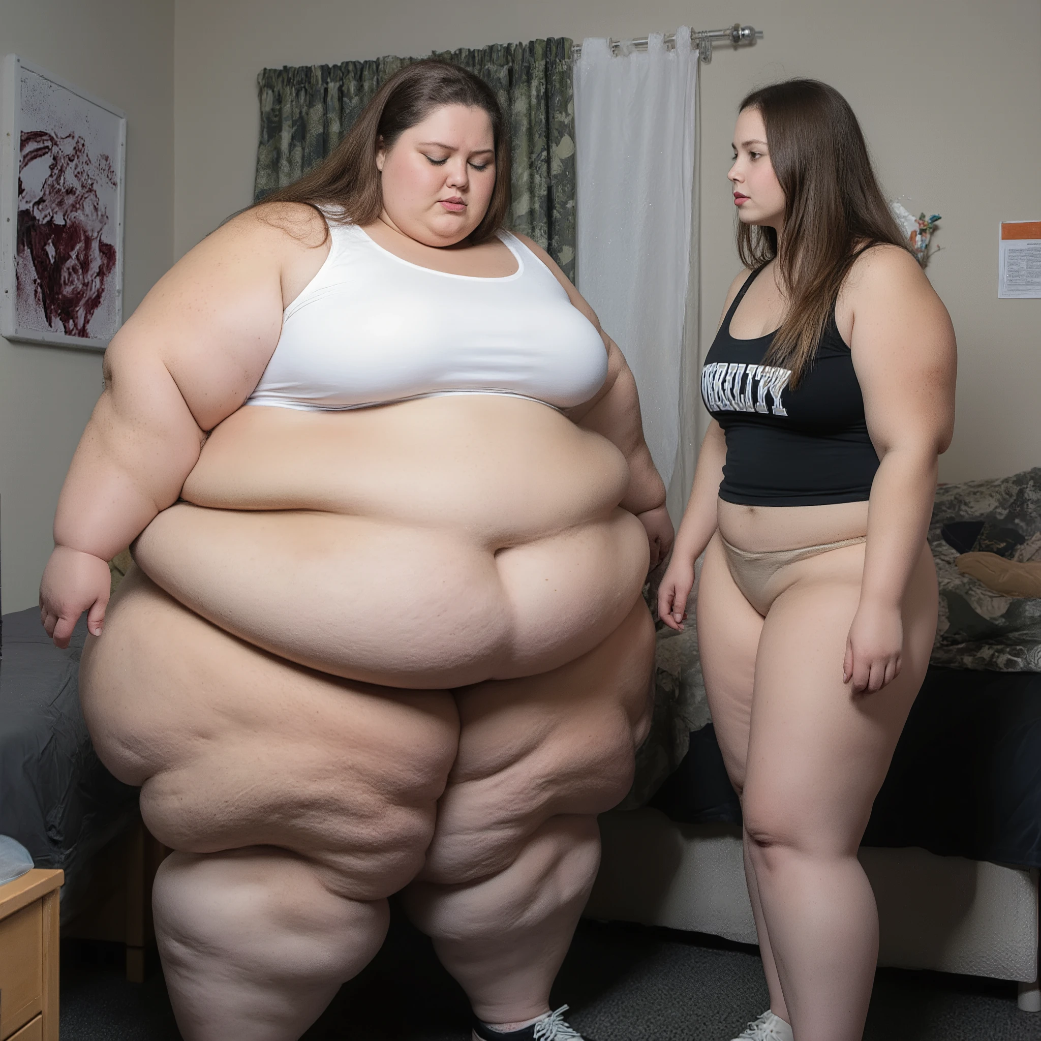 Photorealistic, detailed photo depicting a wide-angle, full-body shot of a super morbidly obese woman standing next to skinny girl. Both girls are beautiful, gorgeous college sorority girls. The obese woman is an extremely fat, extremely mordbily obese, plus-sized woman; a USSBBW or USSBBW with wide massive hips, a gigantic fat belly, extreme belly hang, massive breasts, fat arms, extremely fat legs, fat thighs, beautiful face, sexy face, natural plump lips. The fat woman is looking down at herself nervously whist the skinny woman is looking at the fat womam seductively. Poses should be natural and proportions should be realistic. They are is in a college dorm