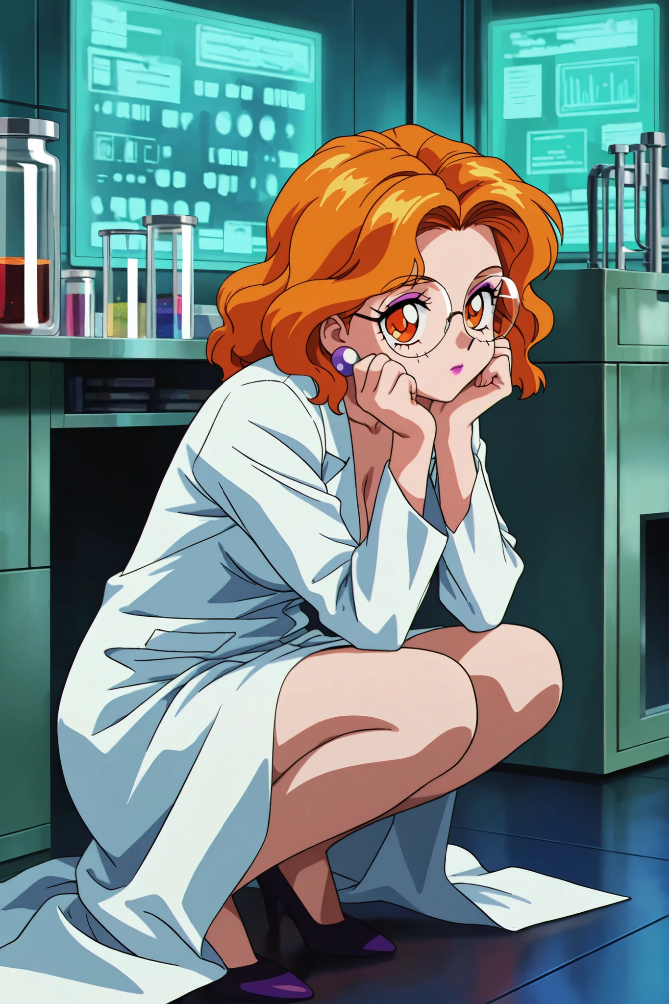 masterpiece, amazing quality, best quality, ultra-detailed, 8K, illustration, ultra-detailed-eyes, soft skin, very awa, very as2, soft body, 1990s \(style\), official art, Mimete, medium breasts, earrings, orange hair, orange eyes, makeup, lipstick, glasses, squatting, from side, hands on own cheeks, expressionless, solo, labcoat, white labcoat , laboratory , indoors,