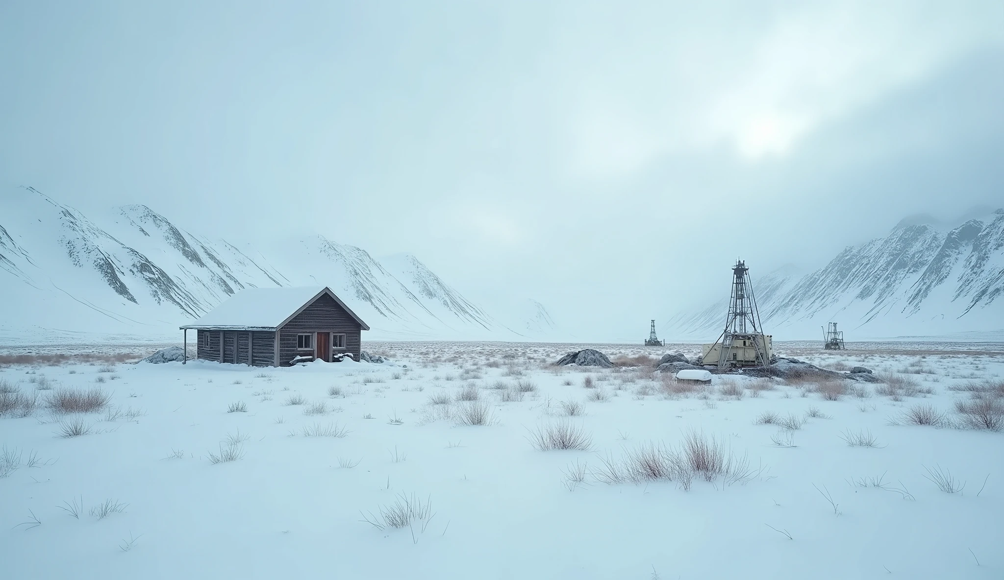 A photorealistic 8K wide-angle cinematic shot of Alaska's wilderness, with frozen tundra. In the middle, there is a remote hut, and in the background, there is a mountain range: abandoned drilling equipment, white and ice-blue tones of snow, a skillful composition that combines several elements of history, atmospheric and beautiful, but deeply disturbing, with no obvious people, but with a sense of presence, Leonardo AI, photorealistic mode, 8K resolution, professional landscape photography with an atmosphere of horror.