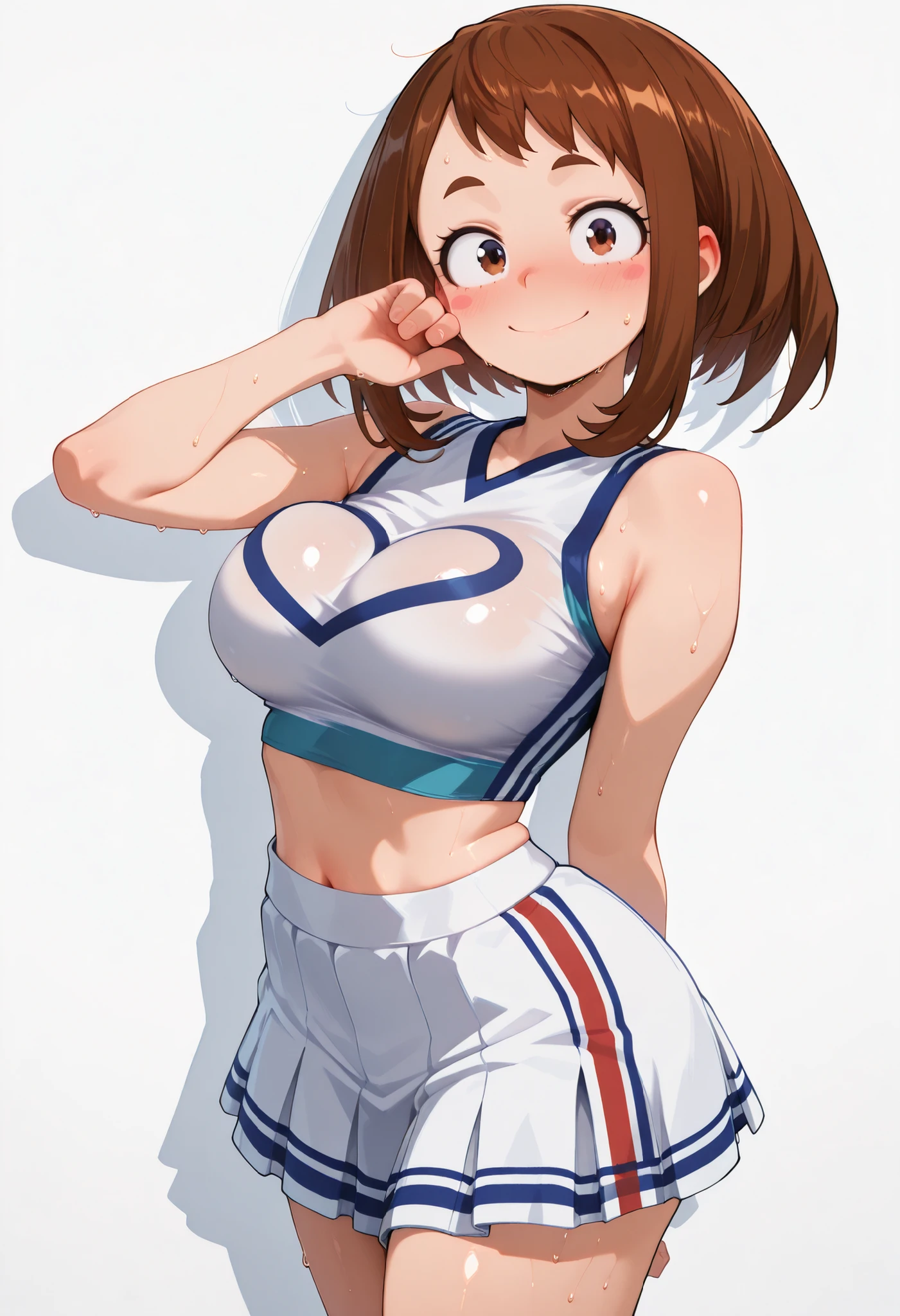 (masutepiece, Best Quality, hight resolution,, Perfect Pixel, depth of fields, 4K), Beautiful anime girl, Perfect body , uraraka ochako ,, ,,, cleavage, navel,, , , jewelry, , , sweat, , ,looking at viewer, , , ,, smile, , blush, with an extremely curvy and voluptuous figure, looking at viewer, shiny skin, shiny hair, shiny body, clear body, nose blush, BREAST FOCUS,, tight clothes completely flat white and empty background,, bubbling breasts, SOLO, white background, empty background, LARGE BREASTS, STANDING, POSING, cheerleader