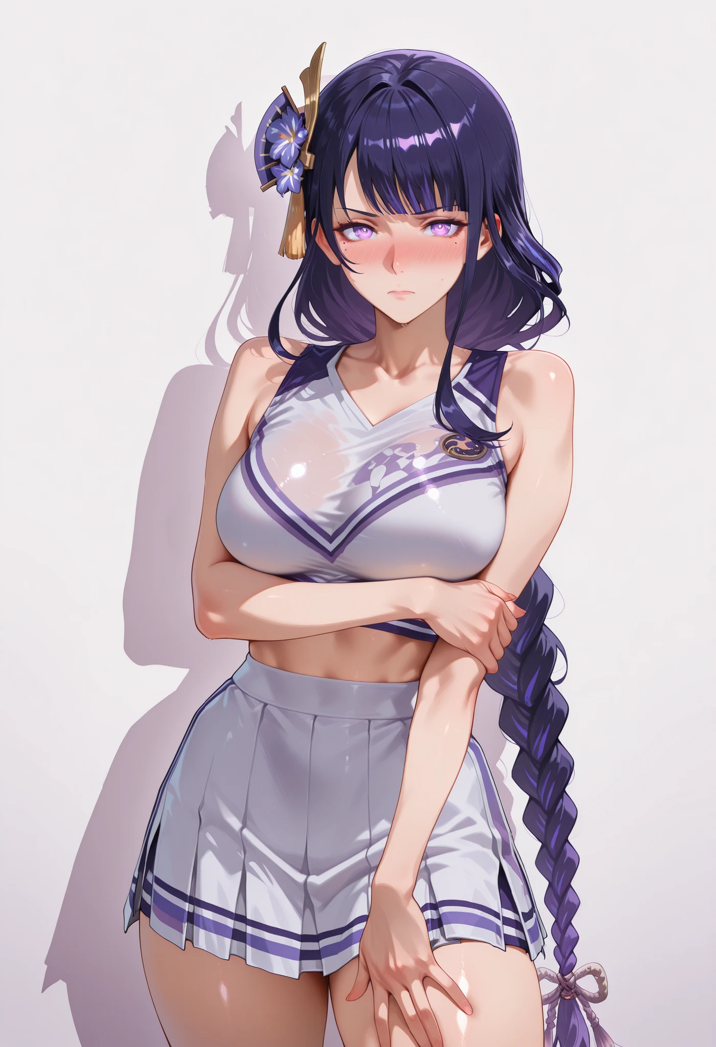 score_9, score_8_up, score_7_up, source_anime,
raidenshogun,
raiden shogun, braid, braided ponytail, hair flower, hair ornament, long hair, mole, mole under eye, purple eyes, purple flower, purple hair, single braid, sidelocks,
looking at viewer, looking at viewer, nice legs, legs, standing, solo, female, shiny skin, shiny hair, shiny body, clear body,,, digital illustration, cowboy shot ,,,, ,,, , ,,, large BREASTS, , looking at viewer, NOSE BLUSH,,, shiny skin, shiny hair, shiny body, clear body, , solo, STANDING, POSING, thick thighs, thighs, solo, standing, POSING, DYNAMIC POSE, WHITE BACKGROUND, EMPTY BACKGROUND, cheerleader