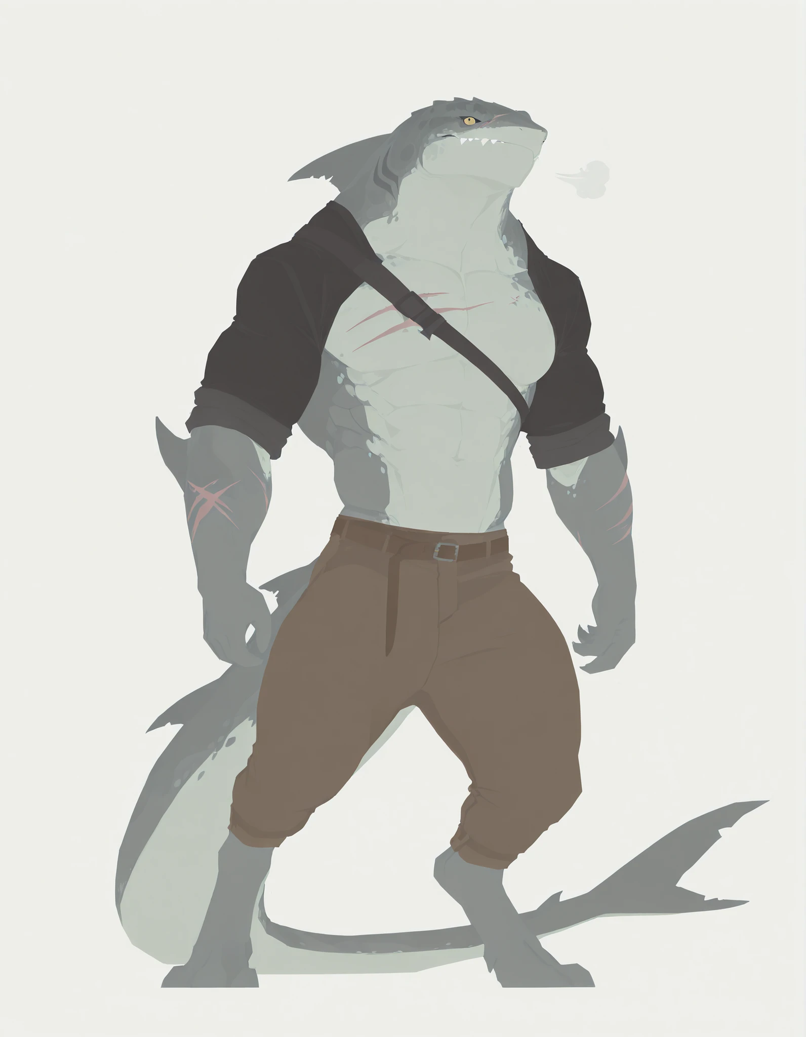 masterpiece, best quality, amazing quality, very aesthetic, absurdres, newest, scenery, extreme detail, 8k, dnd, anthro shark, detailed eyes, yellow eyes, by Riolutiny, anthro, shark, male, scalie, anthro shark, anthro megalodon, hunk, gray body, strong hands and fins, black back, solo, bara, detailed skin, scars, lizard shark hybrid, thick tail, hunter, strong, scalie torso, detailed muscles, detailed muscular arms, wearing open black shirt, rolled up sleeves, digitigrade legs, thick legs, proporcional body, wide chest, buffed muscular torso, abs, trapezoid body type, marked jaws, thick shark tail, masculine, thick scales on arms and legs, muscular legs, proporcional body, wide chest, trapezoid body type, wearing pants, marked jaw, scars, pensive, menacing, upper body focus, simple white background