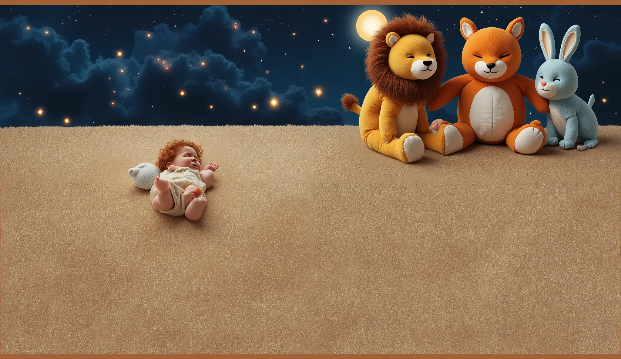Rugjkeep the proporcion of the characters onthe screen Realistic bedtime scene with a cute curly-haired redheaded baby sleeping peacefully on a soft beige carpet, surrounded by three large plush toys — a golden lion, an orange fox, and a light blue bunny — under a dark blue starry sky with a glowing full moon, warm soft lighting, dreamy and calm mood, cinematic composition, empty space on the left and bottom for text or logo placement, ultra-realistic 4K quality, bedtime atmosphere, cozy and peaceful feeling.