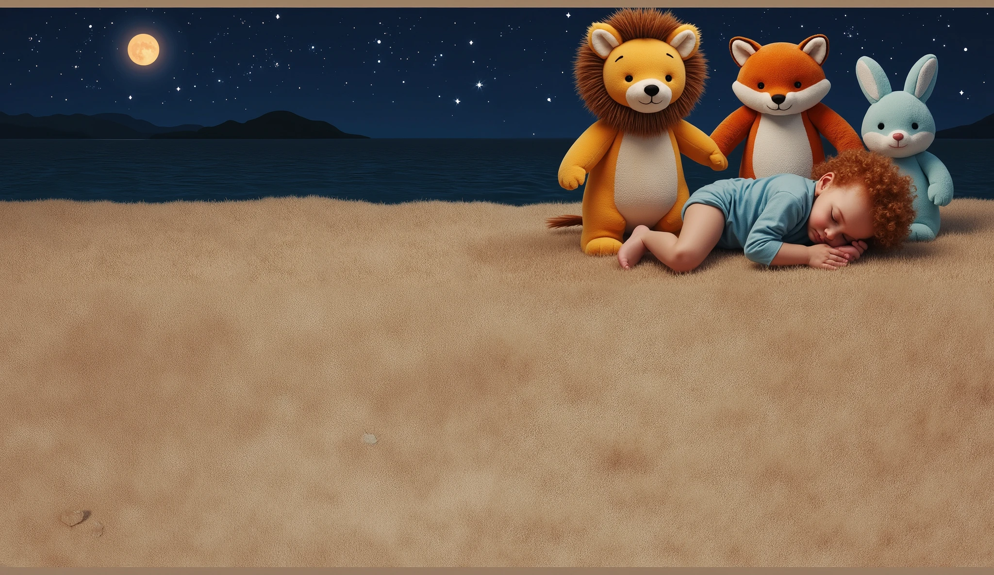 jkeep the proporcion of the characters onthe screen Realistic bedtime scene with a cute curly-haired redheaded baby sleeping peacefully on a soft beige carpet, surrounded by three large plush toys — a golden lion, an orange fox, and a light blue bunny — under a dark blue starry sky with a glowing full moon, warm soft lighting, dreamy and calm mood, cinematic composition, empty space on the left and bottom for text or logo placement, ultra-realistic 4K quality, bedtime atmosphere, cozy and peaceful feeling.