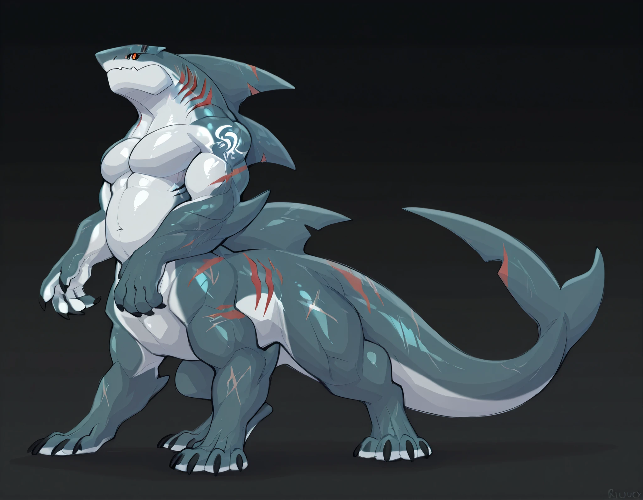 sharkman, anthro megalodon, sharktaur, taur, realistic, darker hands and fins, solo, big arms, bara, detailed skin, lizard shark hybrid, anthro, closed mouth, polynesian tattoos, tattoos covering arm and shoulder, detailed scalie skin, scalie arms, fins on arms, gray color body, beefy, thick scales on arms, digitigrade legs, bulky body, strong musclegut, proporcional body, wide chest, scars, marked jaw, 4 toes, thick shark tail, design incorporates elements from various shark species, dorsal fin, muscular build, best quality, ultra-detailed, by laobai, by honovy, by Riolutiny, detailed illustration of 4K horror, standing ready to fight, dark background, side view