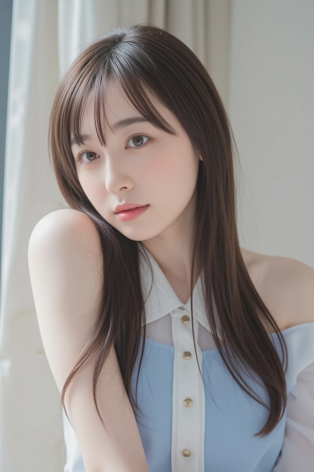 masterpiece、highest quality、16K、RAW photo、Super detailed、ultra high resolution、UHD，Depth of the bounds written、very detailed、soft light、professional lighting、Pale shading、Weak contrast、Japanese、beautiful girl、slender woman、Smooth, silky skin、clear white skin、daytime office、Window seat、sitting in front of the computer、Mint green leotard、(smooth and beautiful thighs:1.6）、(small breast:1.0)、flat chest、Childlike breasts、small 、small 、beautiful 、Cherry-colored 、white breast、fine and beautiful eyes、（hanging eyes）、clear double eyelids、tear bag、（thin eyebrows:1.0）、（thin lips:1.0）、natural makeup、natural color lip、gentle smile、(floating hair、long wavy hair、high ponytail),(The bangs are  bangs)、Black mesh office chair、from head to thighs