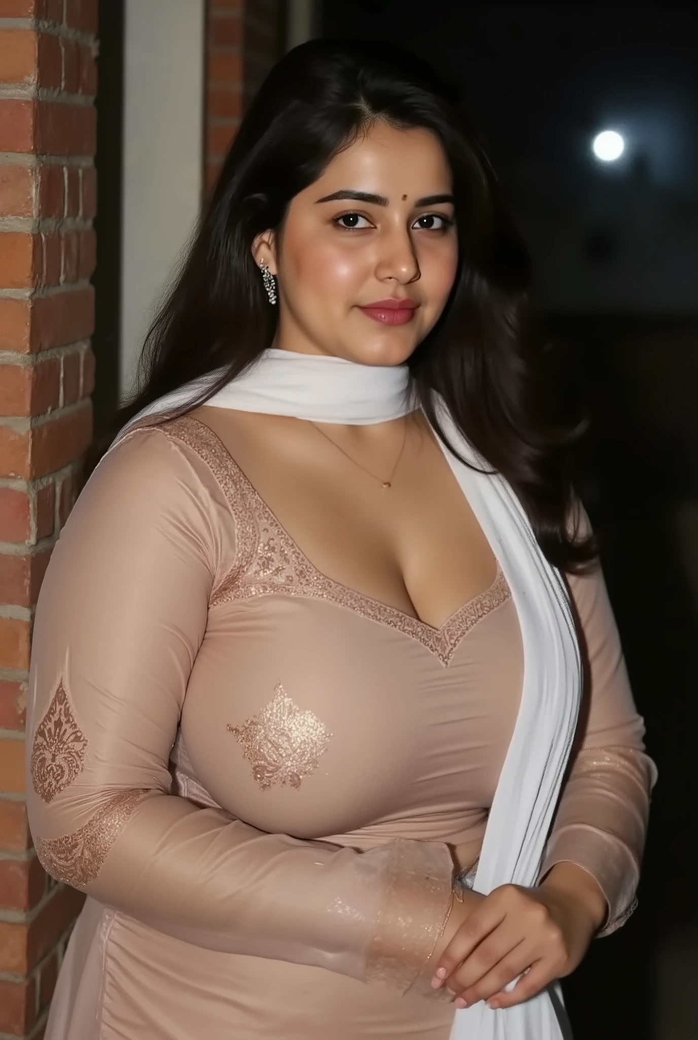 Beautiful chubby muslim Pakistani fair round face, chubby thick voluptuous body, mature housewife standing on abandoned building terace, leaning back on brick wall, wearing half sleeve kurti salwar, white sher scarf pallu, midnight darkness in background, horizon, sky, Busty, wide waist, hourglass voluptuous figure, curvy shyful eyes and a mischievous staring, horny exhibitionist, cotton fabric, matte finish fabric, highly detailed texture, detailed intricate pattern print, sunlight on black long hair ,High Resolution, Award Winning, High Details, Large breasts, Depth Of Field, Chromatic Aberration, shoot from front, huge heavy breasts