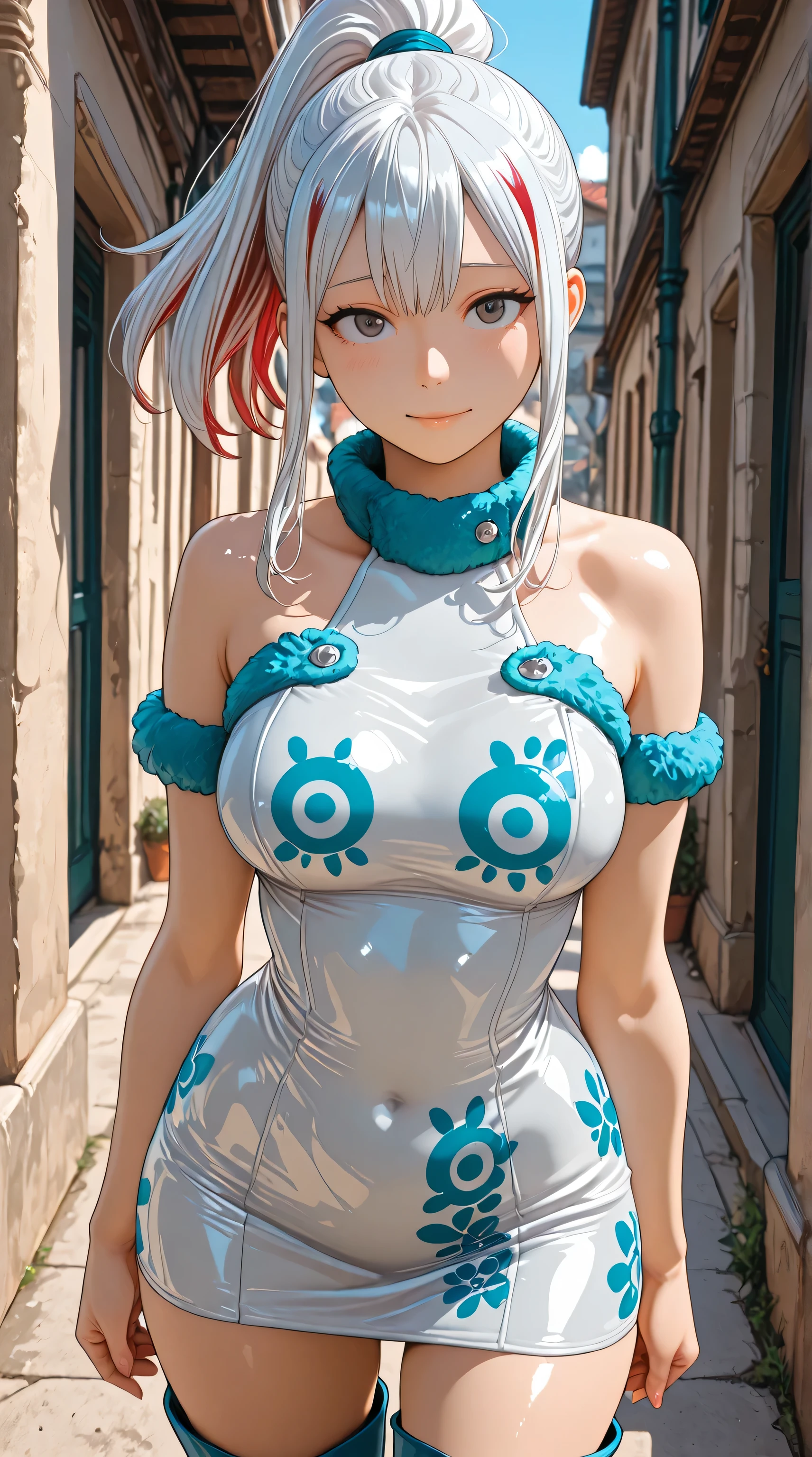 anime style. masterpiece. Higher quality. higher resolution. Photo RAW. Perfect Anatomy. ultra detailed. a beautiful girl. A petite babe. Fuyumi Todoroki. piel clara. white hair with red highlights. side locks. high ponytail. beautiful gray eyes. Thin lips with a faint pink sheen. Wear a latex mini dress with leopard print:1.5.. short sleeves, bare shoulders and halter neckline. knee-length blue boots. She has a casual pose with a tender and sweet expression. She is standing in a Valencia-style alley. She poses alone.