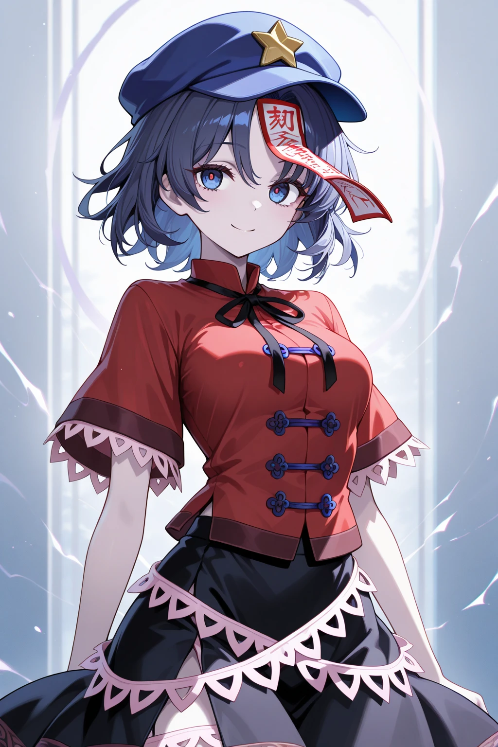 Best quality, Super detailed illustration, Warm colors, perfect lighting, (boy:1.6), (the blue skin:1,6) , short tousled thick hair ,Jiangshi clothing, long sleeves, long skirt with leg cutout on the sides, , Tight-fitting clothing, Guanli hat ,smug smile, Happy , a femboy, small waist, wide , slim, Perfect body, full length, black and lilac color of clothes