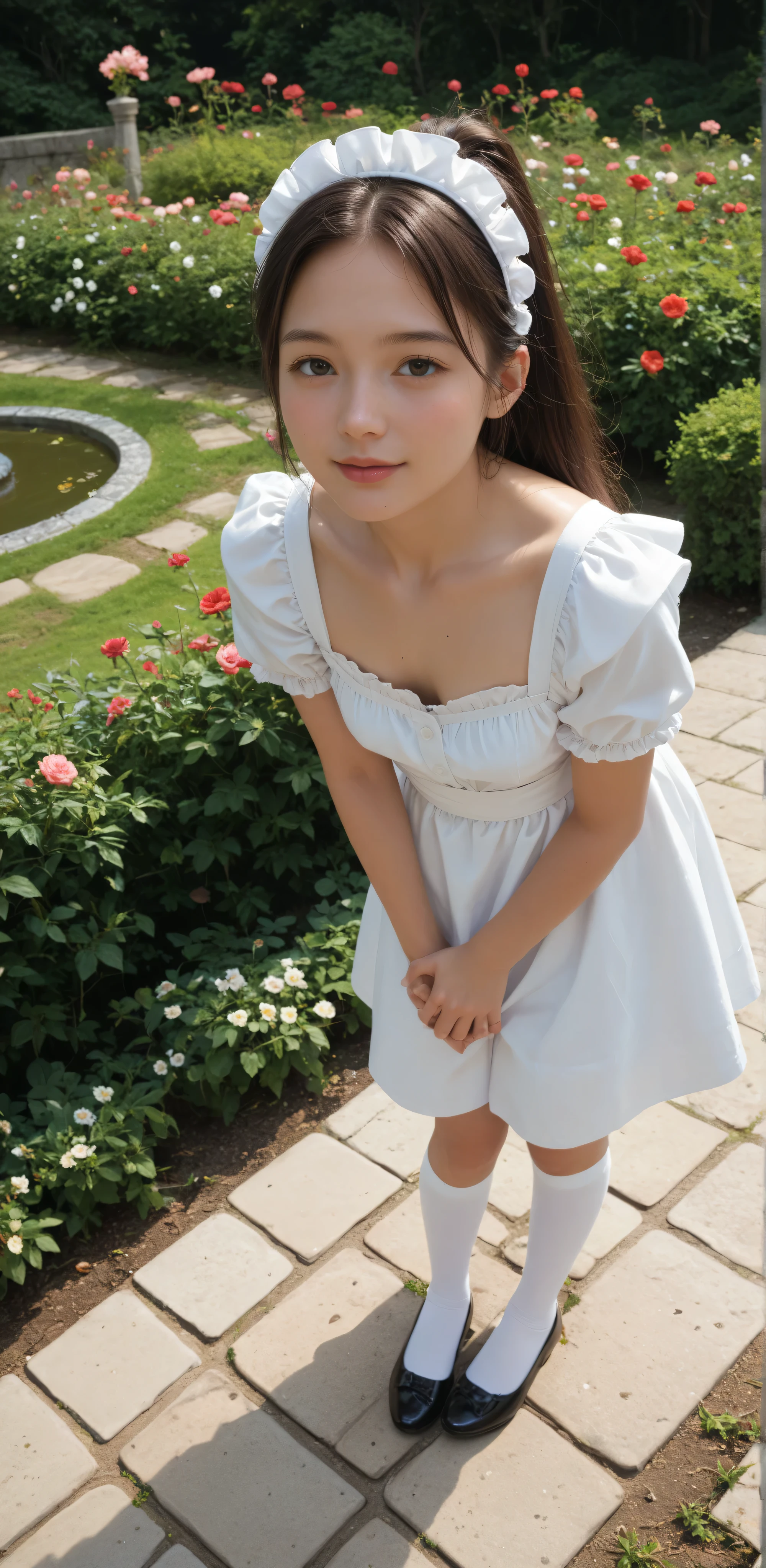 1 Girl、maids,Look at the audience,(skinny:0.64),(younger:0.60),from above,lean forward,(big boobs:-0.38),is watering flowers outside the mansion,japanese,(smile Yang:0.24),My left hand is touching my crotch
