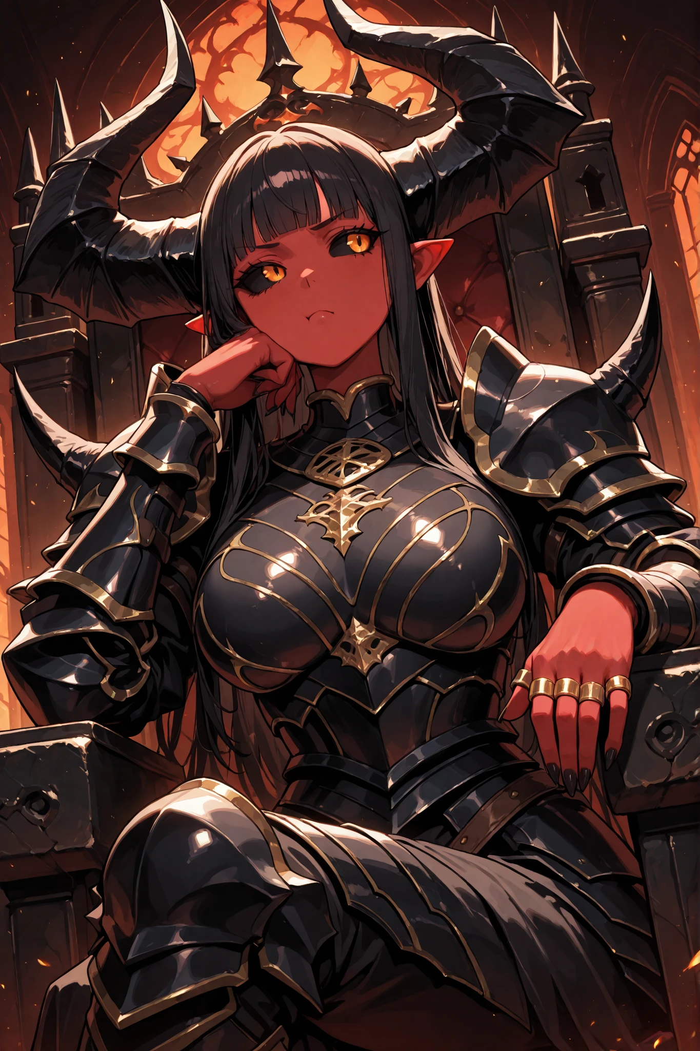 1girl, demon girl, demon horns, large horns, black horns, black hair, long hair, blunt bangs, (red skin), (red body), orange eyes, (black sclera), golden rings around horns, sitting on throne, (strong), large female, large breast, armor, Plate armor, black armor, castle, hand on armrest, hand on own cheek, pout , Disappointed, frown, looking to the side, black throne, demon lord castle, indoors, close-up, portrait, Tilted angle, BEST QUALITY,