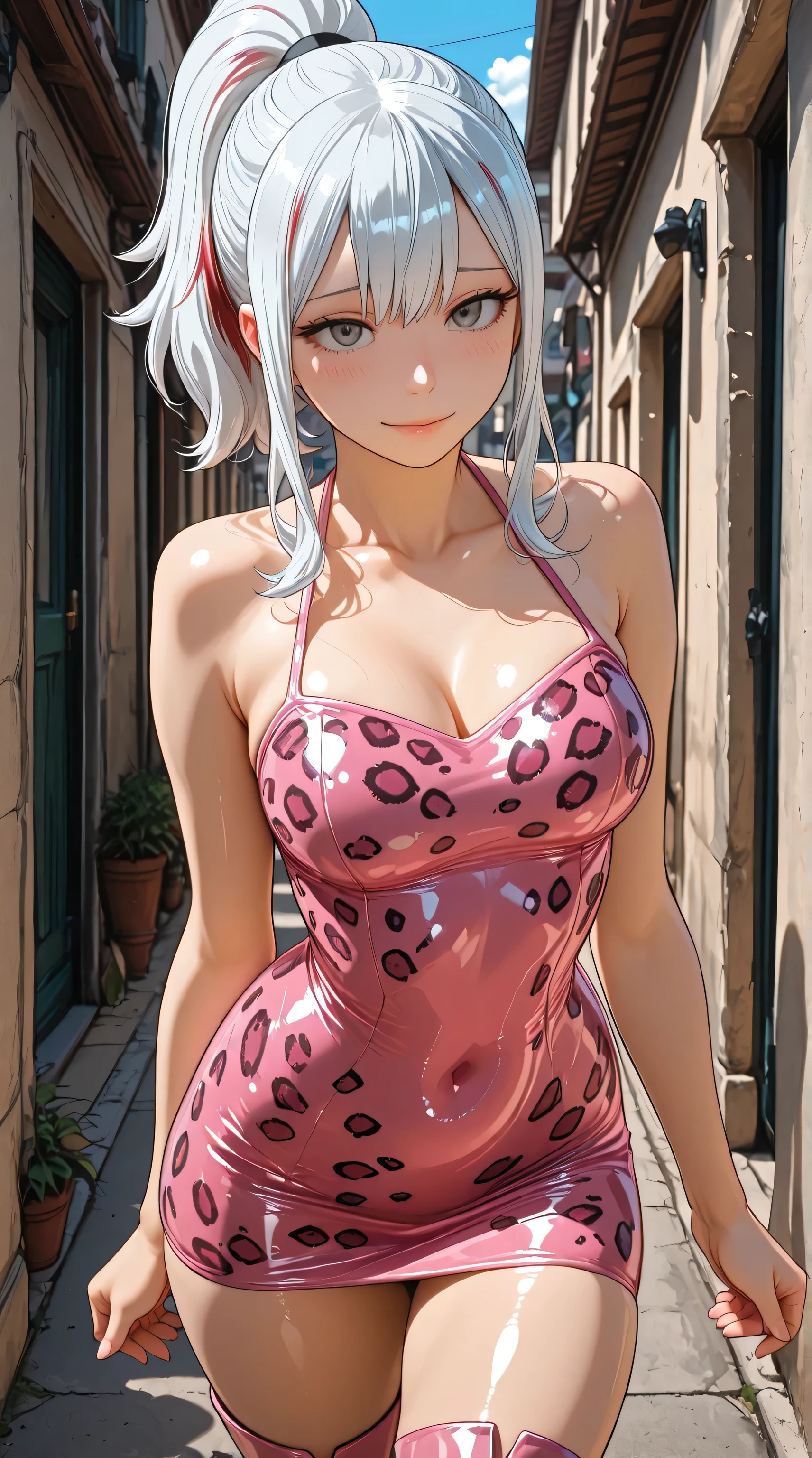 anime style. masterpiece. Higher quality. higher resolution. Photo RAW. Perfect Anatomy. ultra detailed. a beautiful girl. A petite babe. Fuyumi Todoroki. piel clara. white hair with red highlights. side locks. high ponytail. beautiful gray eyes. Thin lips with a faint pink sheen. One first (((latex mini dress with leopard print:1.5))) . short sleeves, bare shoulders and halter neckline. knee-length blue boots. It has a casual pose with a tender and sweet expression. She is standing in a Valencia-style alley. She poses alone.