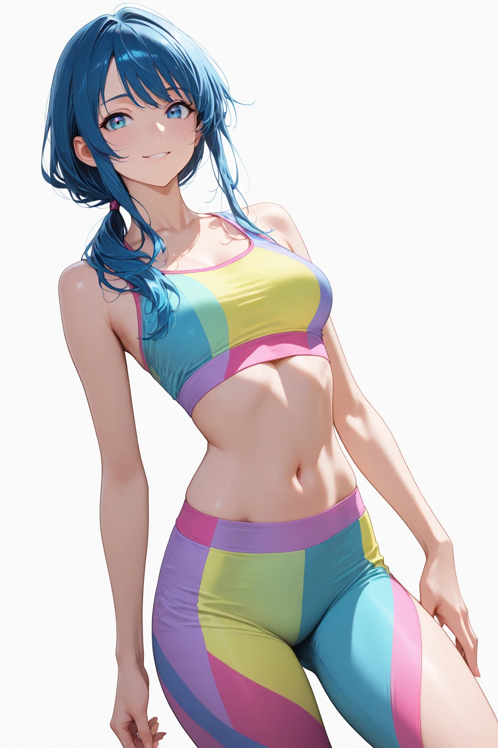(8k, raw-photo, best qualityer, Masterpiece artwork:1.2), (details Intricate), perfects eyes, face perfect, perfect lighting, comely, (Masterpiece artwork:1.2), (best qualityer:1.2), 1 girl, standing alone, marinette, blue-haired, long and loose hair, adult torso, 17 yr old, slightly-smile, medium sized , white sleeveless shirt, pink training pants