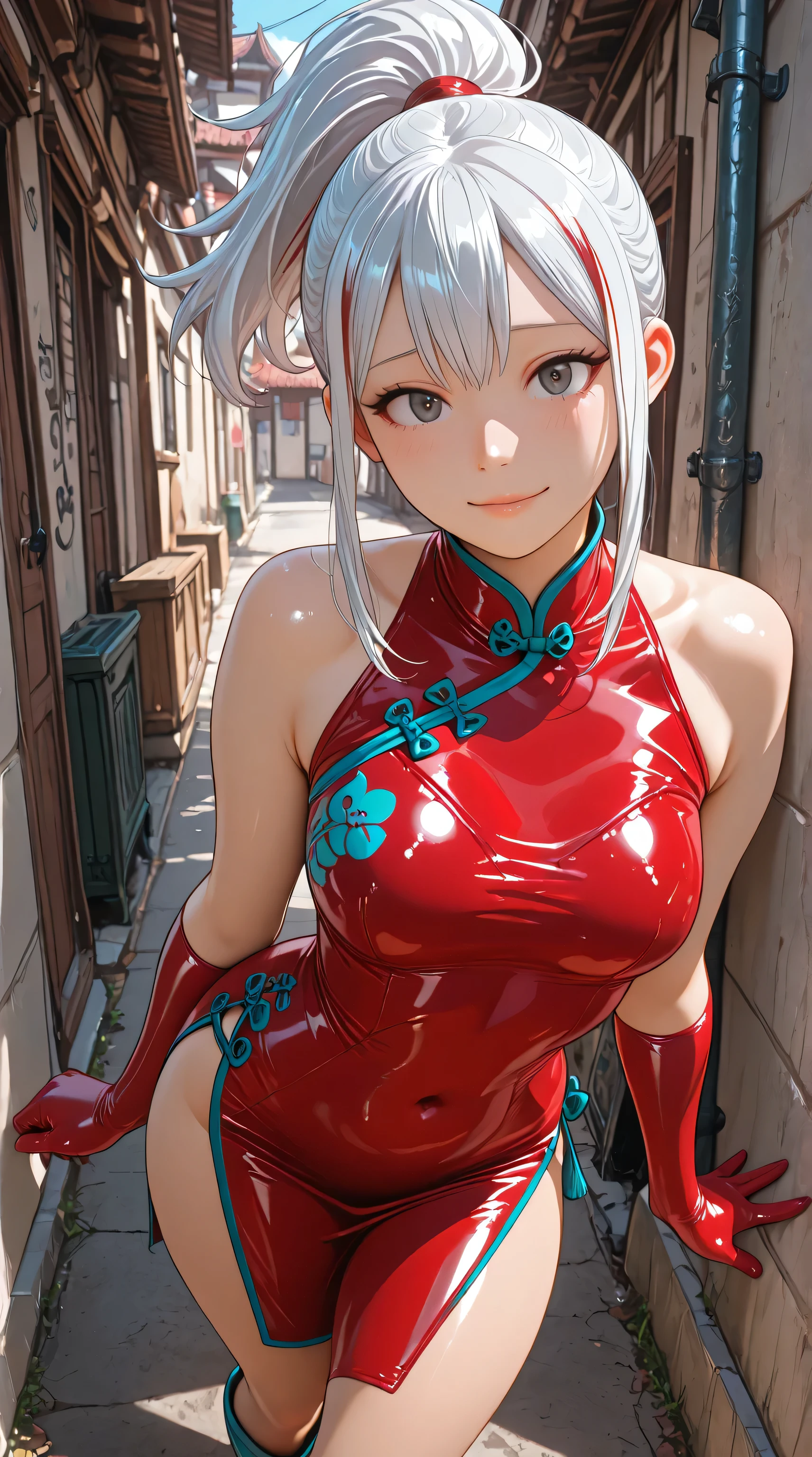 anime style. masterpiece. Higher quality. higher resolution. Photo RAW. Perfect Anatomy. ultra detailed. a beautiful girl. A petite babe. Fuyumi Todoroki. piel clara. white hair with red highlights. side locks. high ponytail. beautiful gray eyes. Thin lips with a faint pink sheen. One first (((Qipao short red latex))) . short sleeves, bare shoulders and halter neckline. knee-length blue boots. Has a casual pose with a tender and sweet expression. She is standing in a Valencia-style alley. She poses alone.