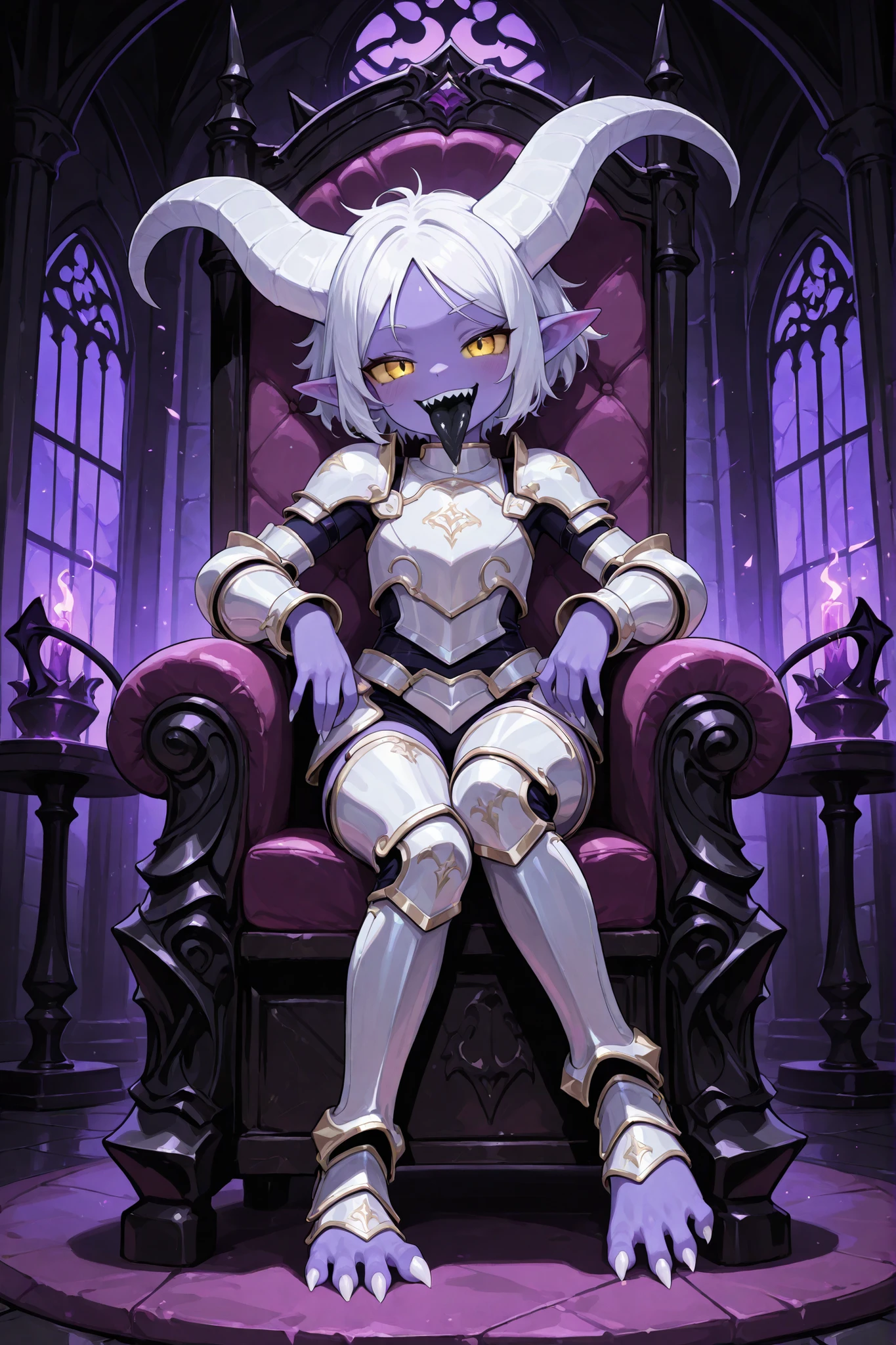 1girl, demon girl, purple skin, purple body, small, barefeet, feets, sharp toe nails, sharp fingernails, white fingernails, white toenails, white horns, large horns, white hair, short hair, messy hair, parted bangs, yellow eyes, yellow sclera, pointy ears, large ears, sitting on throne, hands on armrests, leaned back, smug, tongue out, long tongue, thick tongue, black tongue, saliva, sharp teeth, own feets together, armor, plate armor, white armor, freak, castle, demon lord castle, indoors, purple light, close up, portrait, flat chest, slender, armor on legs, armor on hips, armor on ankles, full torso armor, best quality,