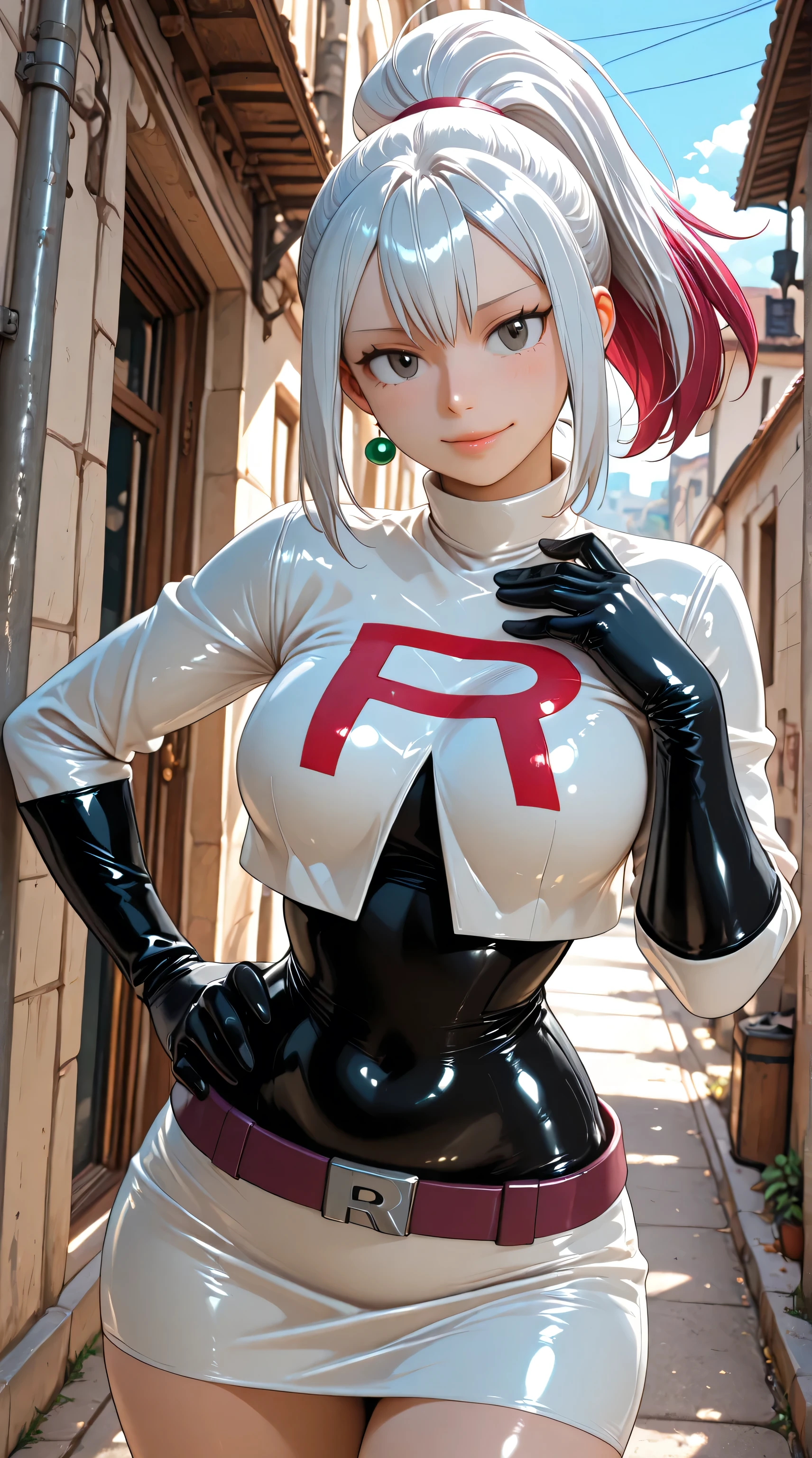 anime style. masterpiece. Higher quality. higher resolution. Photo RAW. Perfect Anatomy. ultra detailed. a beautiful girl. A petite babe. Fuyumi Todoroki. piel clara. white hair with red highlights. side locks. high ponytail. beautiful gray eyes. Thin lips with a faint pink sheen. One first (((Team rocket))) . tight. latex uniform Has a sensual pose with a tender and sweet expression. She is standing in a Valencia-style alley. She poses alone.
