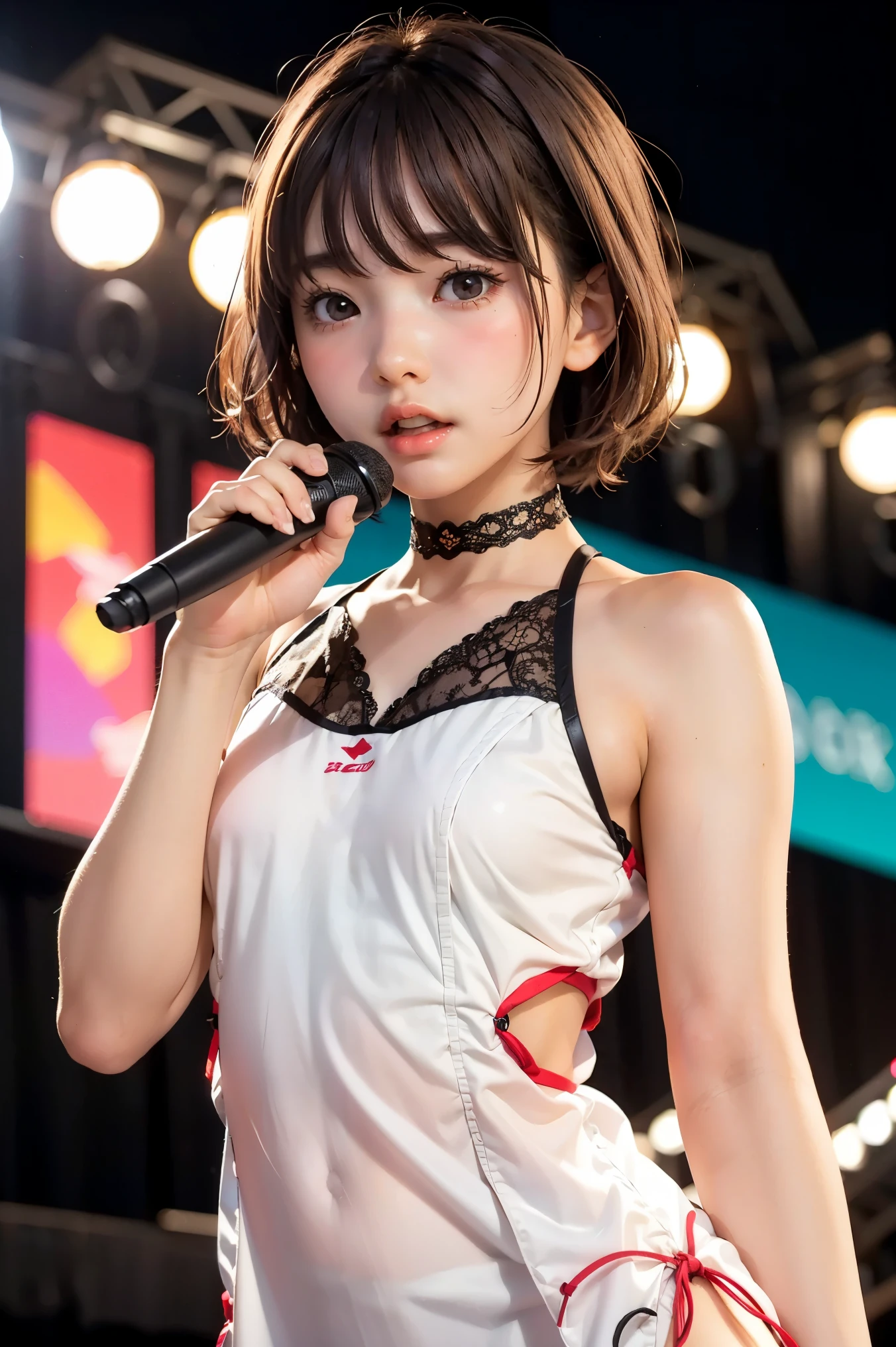 (masterpiece), (8k、original work 、High Quality:1.2),(contrast:1.2)、( dark hair、Dark Eyes:1.8)、(close-up of a woman singing with a microphone:1.6)、(portrait)、Slim Japanese Women,黒い髪, short dress with cutouts, straps, lace choker, thin body, charming, slender athlete model, cute young girl, Woman singing on stage, detail dress with red eyes, silk fabric , small skinny thin 女の子, beautiful teen model , short hair、黒い髪、The background is an outdoor stage at night