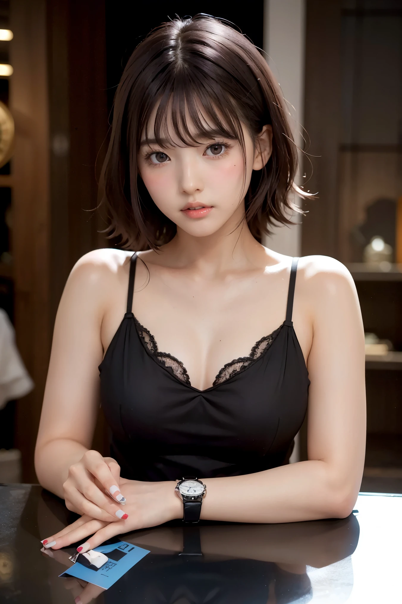 (masterpiece), (8k、original work 、High Quality:1.2),(realistic:1.37,(perfect anatomy),A woman who visited the watch store:1.6、many large watches are lined up:1.6、masterpiece, 最High Quality, contrast:1.2)、( dark hair、Dark Eyes:1.8)、(tired from climax:1.6)、(portrait)、Slim Japanese Women,黒い髪, short dress with cutouts, straps、metal necklace, thin body, slender athlete model, A cute young girl is looking at her watch,Clocks That Are Crazy in Time, detail dress with red eyes, beautiful teen model , 黒い髪、short hair、looking at a large wall clock、The background is inside a watch store