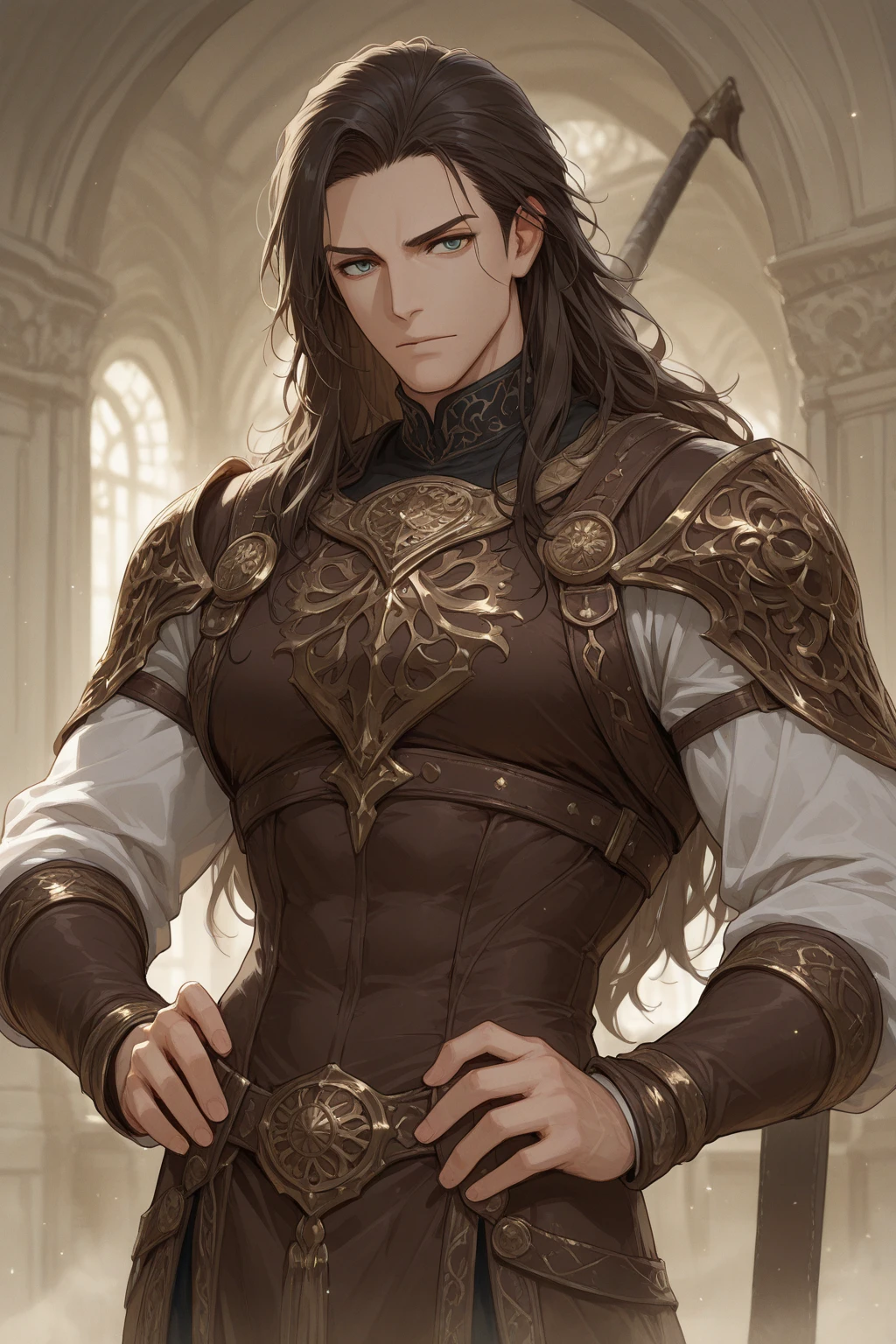 ((muste piece)), ((best quality)), ((brown skin)), ((dark blue eyes)), ((Dark blue hair))、handsome man , masculine、tall、、Adult man、Three white eyes、handsome man、firmly、muscular、broad shoulders、(((long gown))、 (highest quality), very detailed, focus only， very detailed顔，