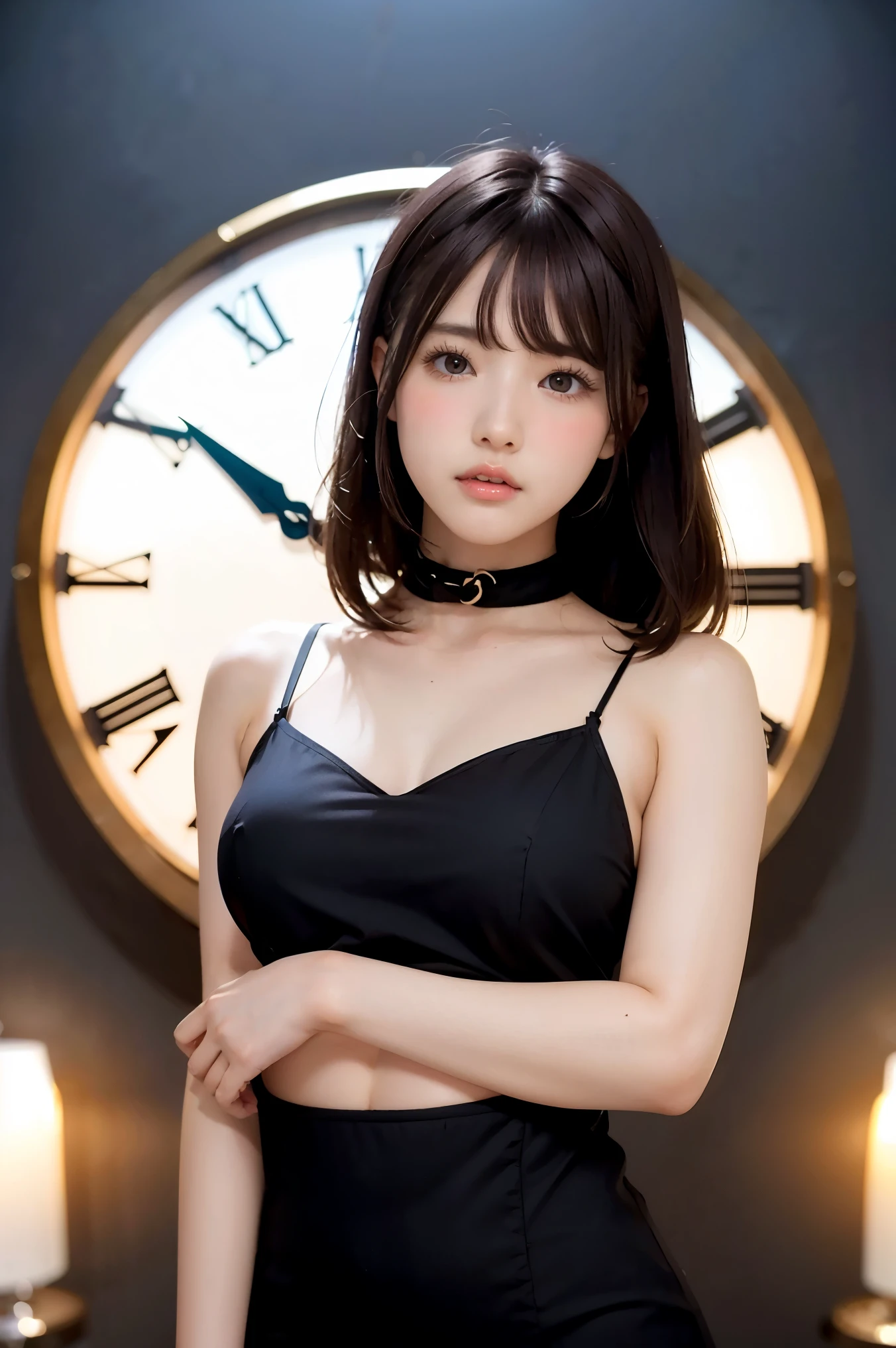 (masterpiece), (8k、original work 、High Quality:1.2),(realistic:1.37,(Perfect Anatomy),A woman who visited the watch store:1.6、many large watches are lined up:1.6、masterpiece, 最High Quality, contrast:1.2)、( dark hair、Dark Eyes:1.8)、(tired from climax:1.6)、(portrait)、Slim Japanese Women,黒い髪, short dress with cutouts, straps、metal necklace, thin body, slender athlete model, A cute young girl is looking at her watch,Clocks That Are Crazy in Time, detail dress with red eyes, beautiful teen model , 黒い髪、short hair、looking at a large wall clock、The background is inside a watch store