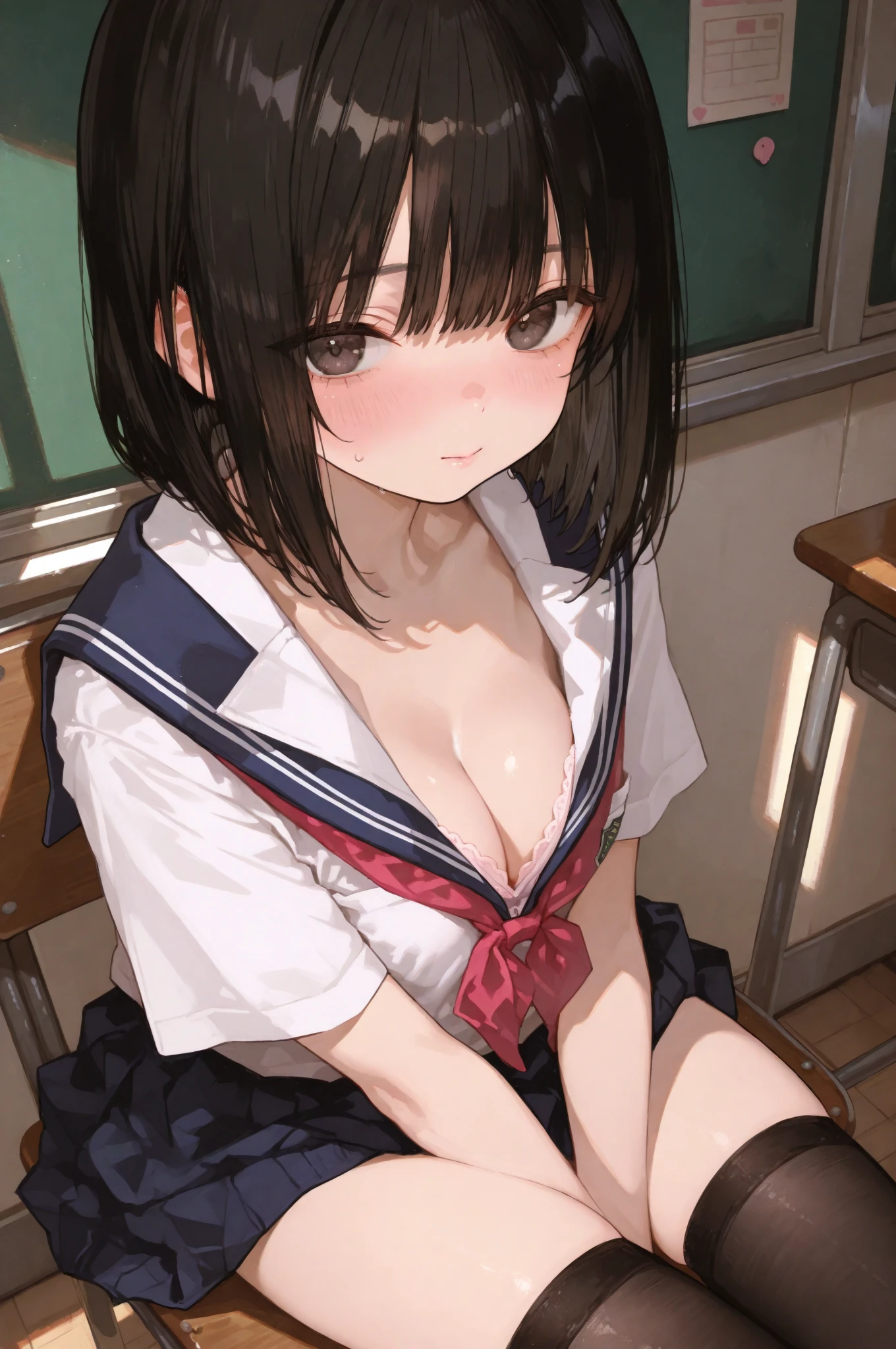 Highest quality , High resolution , Detailed CG , short hair , Sailor suit , Modest  , Black Hair , thumb、index finger、Middle finger、ring finger、小指のOptimal ratio , Two limbs , Optimal ratio , Embarrassed expression , Burning cheeks , School , classroom , , Her  are visible through her white shirt , touching one's own  with one's own hands , Facial expression when  is reached , rain