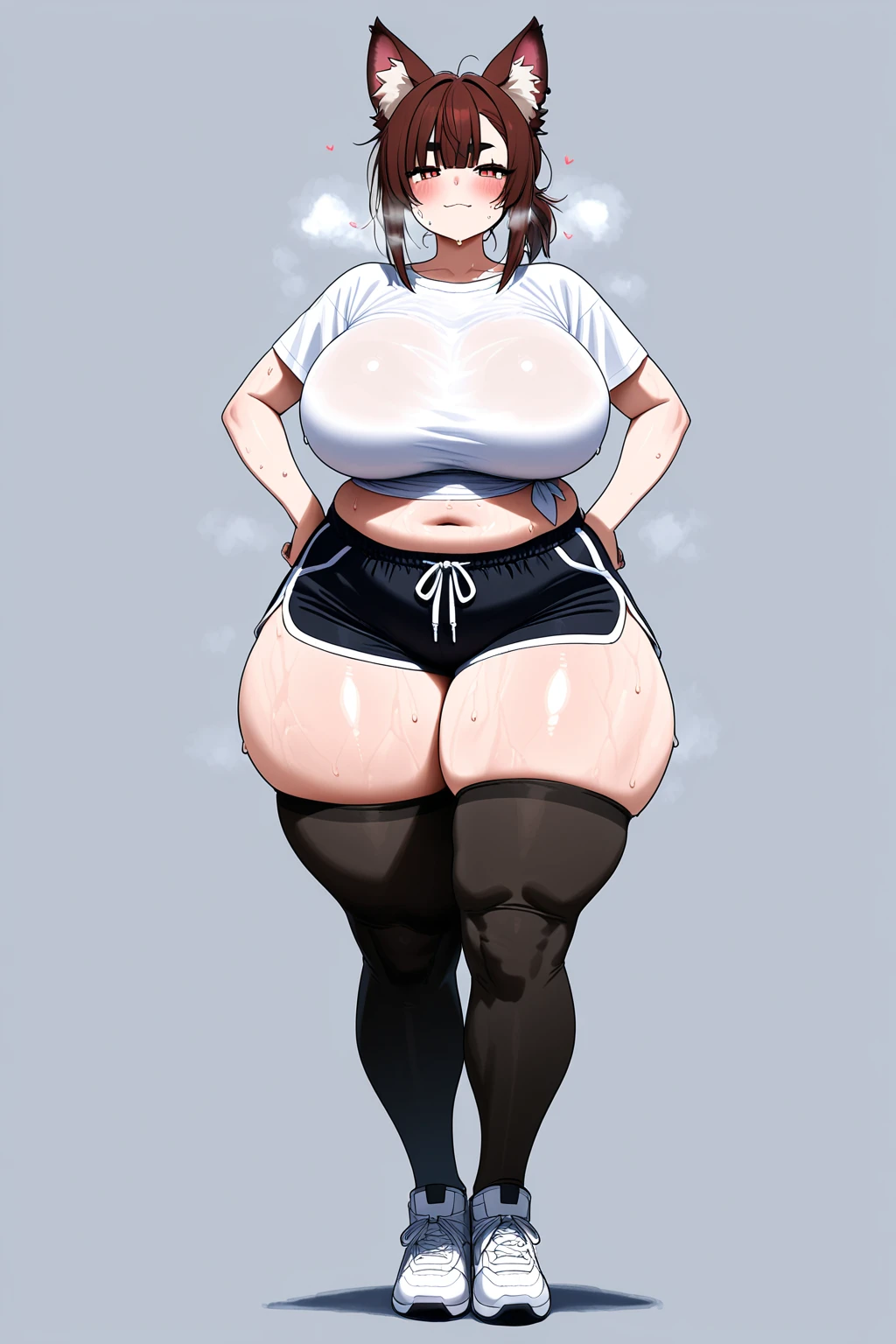 (Full body, very high quality, highly detailed)), (fat belly, big belly, enourmous belly, jiggly belly), belly bursting out of clothes, glasses, long hair, ((((wide ????, thick thighs)))), gym clothes, thight shorts, barefoot, sitting, (tsundere), ((sweating)), ((tired)), (exhausted)