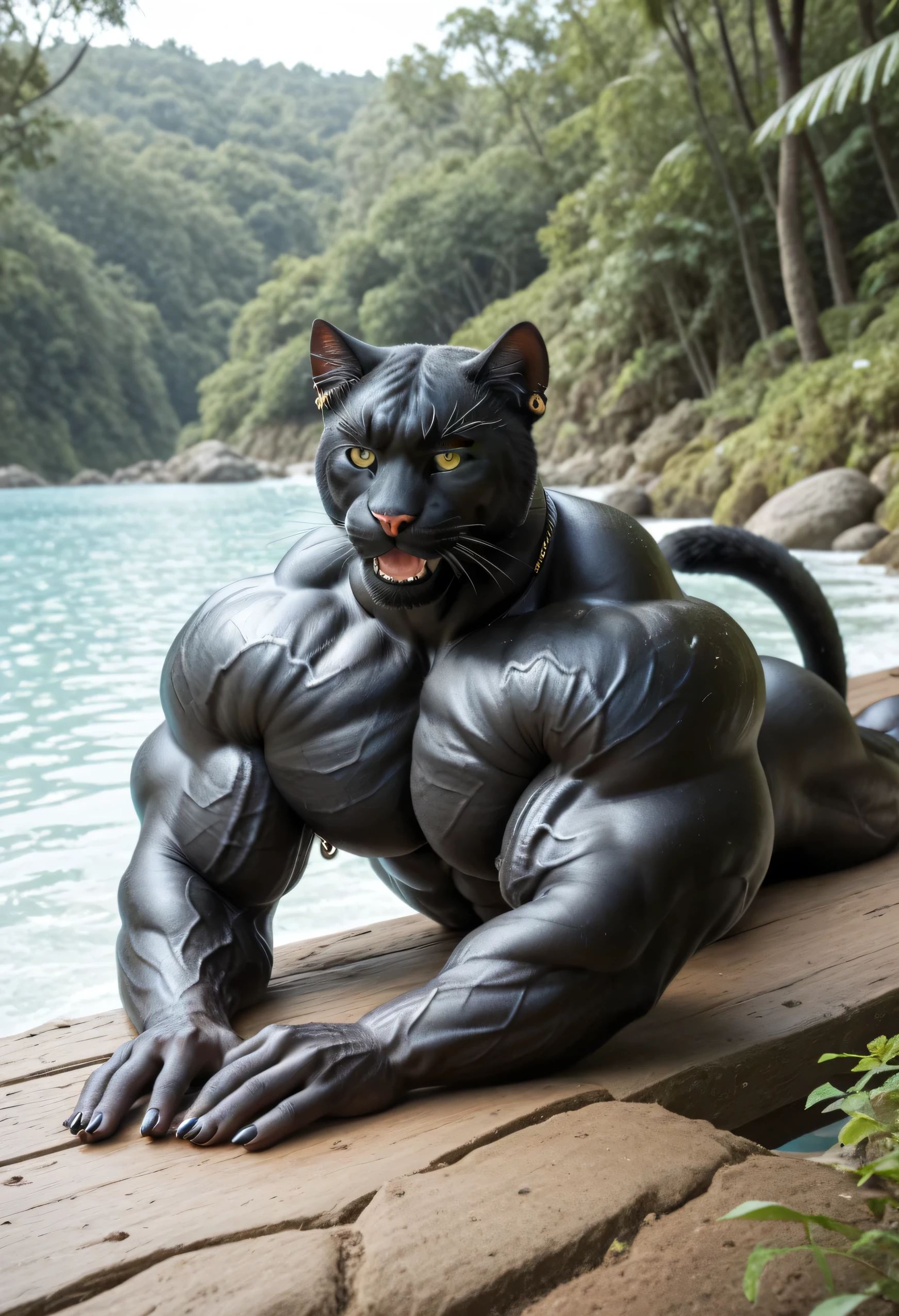 Masterpiece, (photorealistic style), 4k, absurdres, RAW photo, full body photo:1.4, perfectly correct anatomy, realistic, very Awa, detailed background, natural lighting, shadows, colors, clear facial features, detailed background, intricate details. (Furry), 1boy, (Huge Adult Male muscular bara Feline Black Panther:1.6), Huge Man, (Bara Furry Feline Chiseled Male Handsome Rugged Black Panther Face:1.6), strong square jawline, chiseled cheekbones, tough appearance, Black Fur body, Black Panther Fur:1.6, Detail Fur:1.6, Black Panther Tail, (Detail Glowing Amber Eyes:1.4, emission strictly limited to pupils), Black Sclera, (Huge Hyper Veiny Muscle:1.5), Massive Bodybuilder Physique, Huge Bulging Pectoral, Huge Wide Broad Bulging Chest, Huge Wide Broad Shoulders, Huge Bulging Abs, Huge Wide Broad Back, Massive muscular butt:2. Nipple Piercings:1.4, ear piercings:1.4, rings:1.4, Natural palm color:1.5, 5 fingers:1.5, human feet, 5 toes:1.5, Natural Soles of Feet Color:1.5, huge size 25 feet:1.5, 10 feet tall. In a Realistic Rugged Rainforest near a lake, solo, lying on stomach, front, hand on his own cheek, focus face, close up face, smug expression. naked, uncensored.