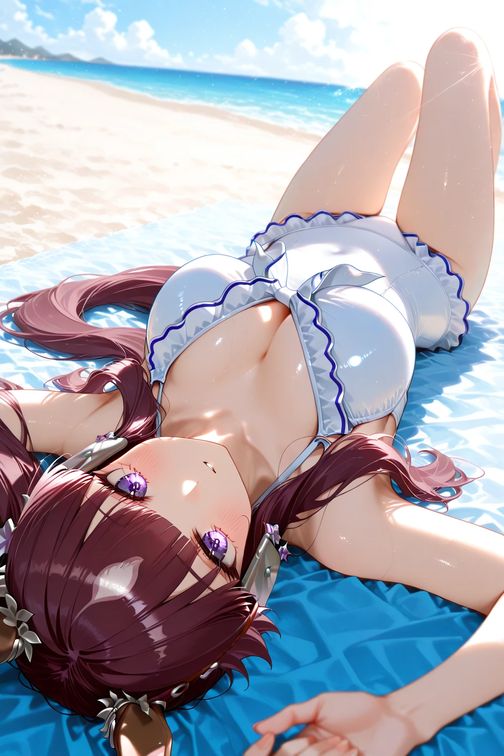 ​masterpiece、ighly detailed、(1 girl in:1.2)、Red hair、Learn uniforms、big eye、a closeup、A smile、8K、short-hair、(((anime styled)))、Shining eyes, , small , beach, ( ), (())