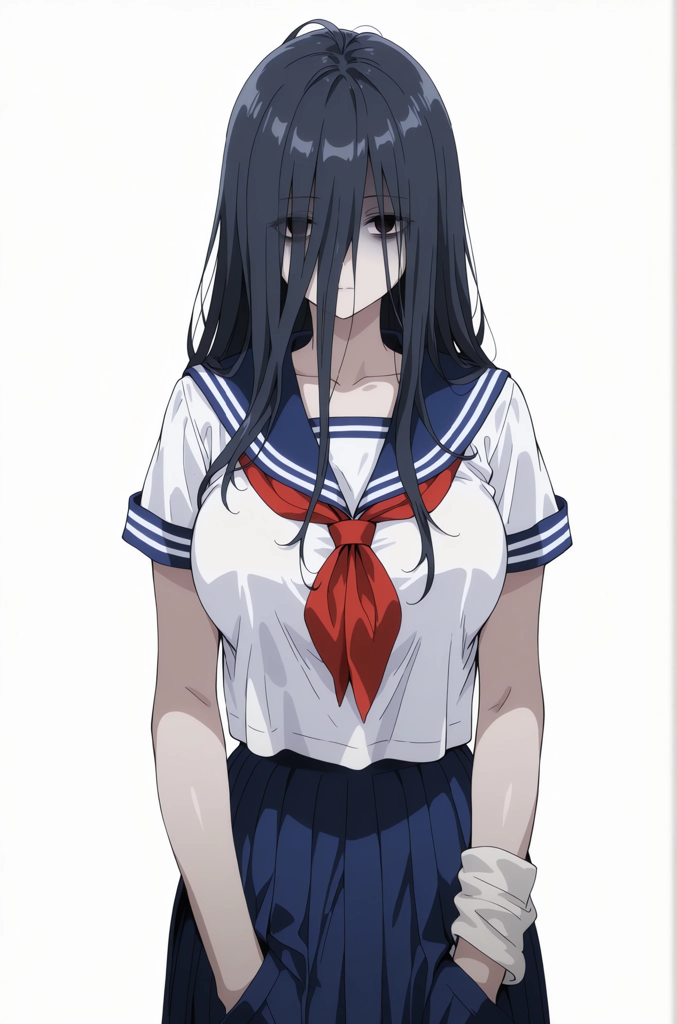 Masterpiece, highest quality, expressionless, Sadako, sailor suit, large breasts, short sleeves, white background