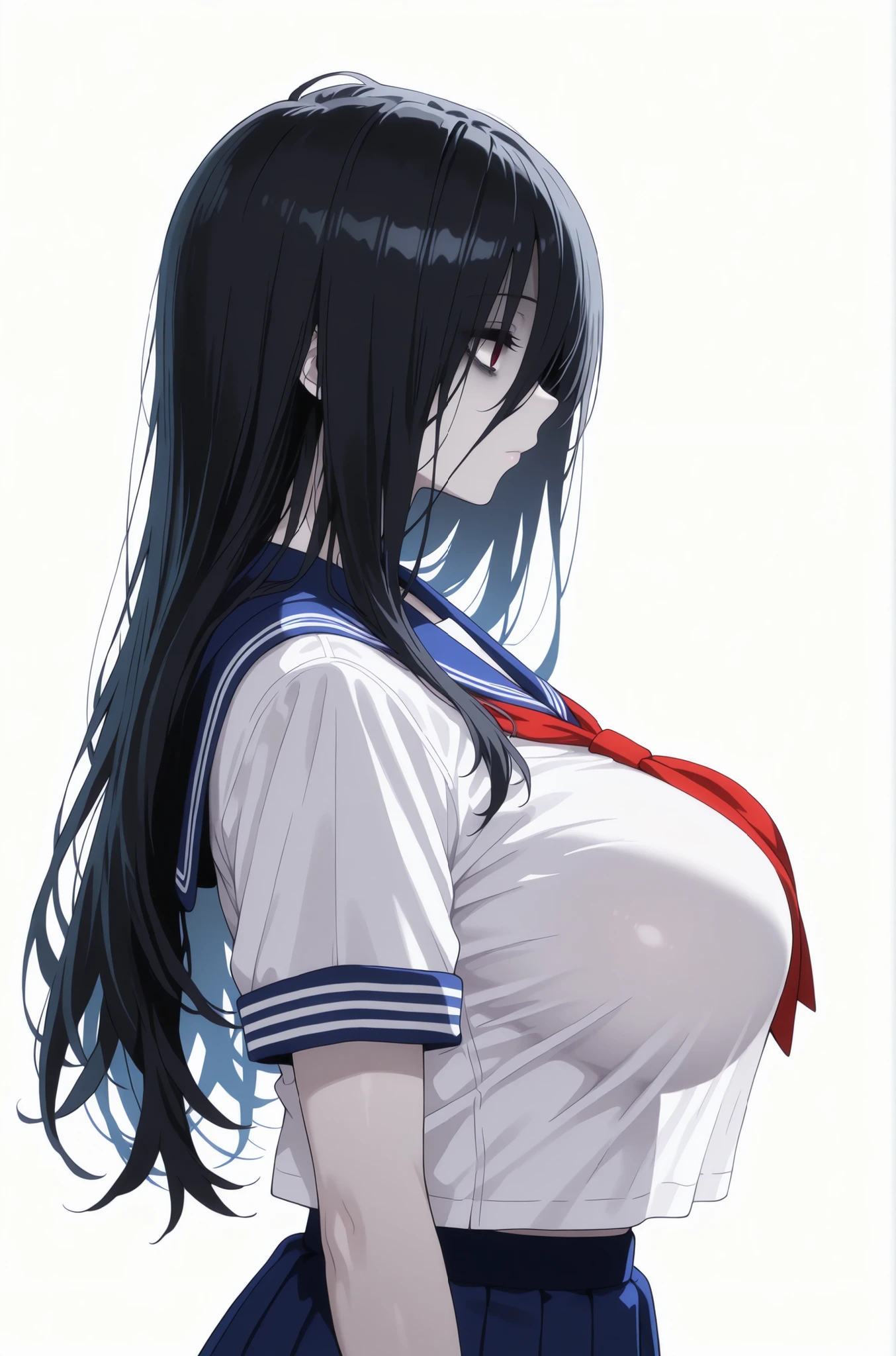 Masterpiece, highest quality, expressionless, profile, Sadako, sailor suit, large breasts, short sleeves, white background