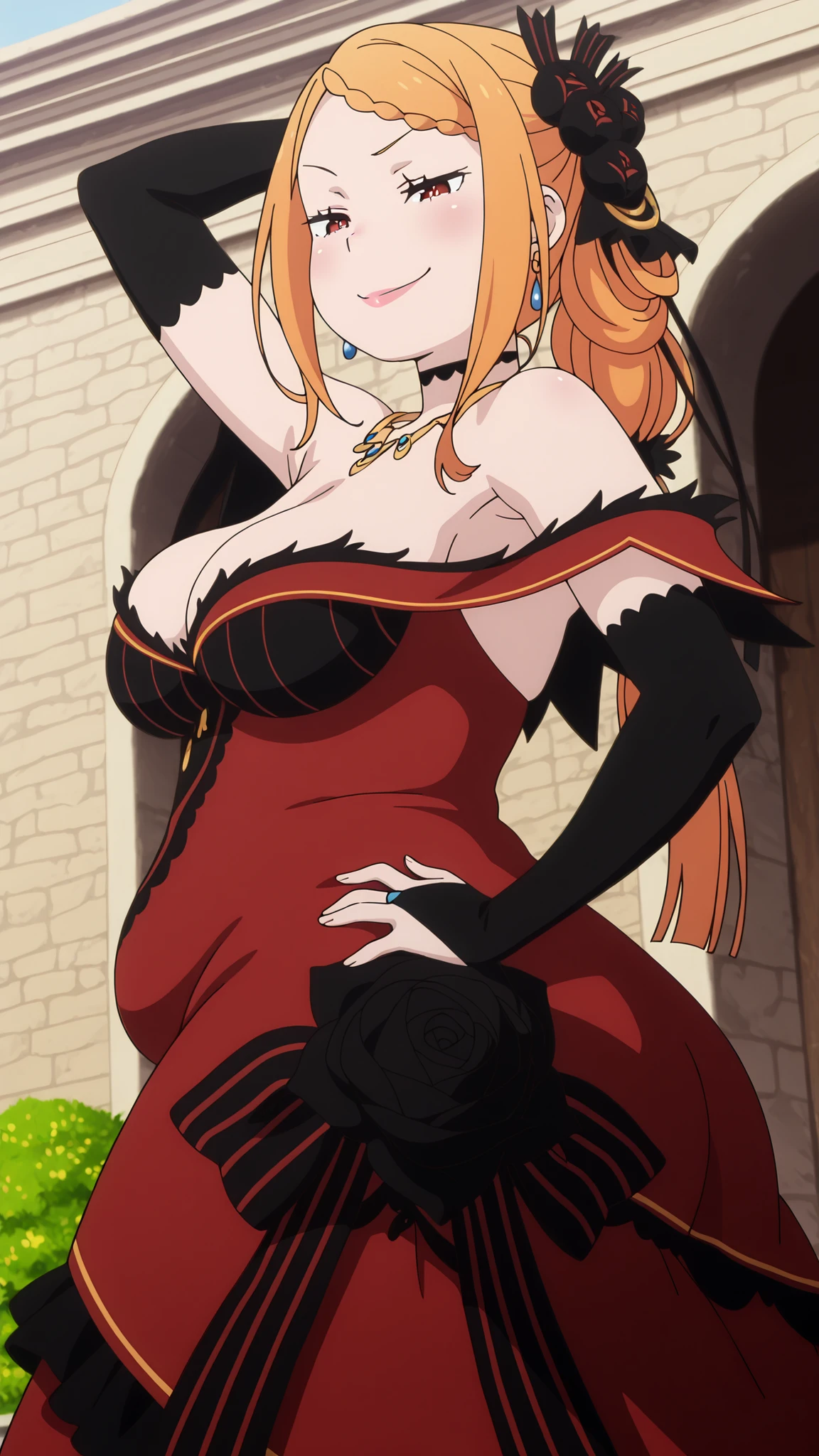 chubby,plump,WeightChubby,masterpiece, best quality, amazing quality, anime screencap, anime coloring, 1girl, solo, side ponytail, swept bangs, braided bangs, long hair, orange hair, red eyes, bright pupils, pink lips,hair ornament, earrings, black choker, bare shoulders, necklace, gown, off-shoulder dress, vertical-striped dress, long dress, red dress, cleavage, medium breasts, bridal gauntlets, dress bow, striped bow, dress flower, black rose, skindentation, arm up, raised arm, armpit, armpit focus, head towards viewer, looking at viewer, seductive smile, smug, half-closed eyes, blush, confident, closed mouth, outdoors, day, from side, from below, (from behind:1.2)