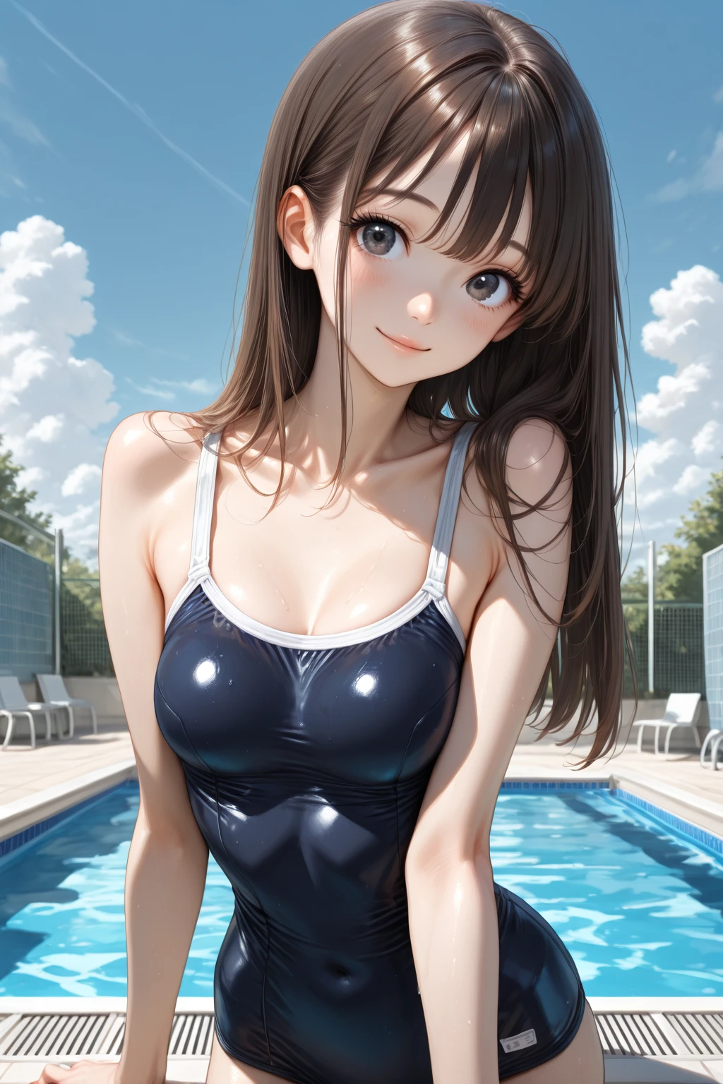 NSFW、very cute and beautiful girl,(highly detailed beautiful face),blue school swimsuit, sitting,spread legs,looking at viewer,pool side,flowers in planters,(smile),black hair, (best quality,masterpiece:1.2),absurdres,highres,ultra-detailed,extremely detailed,32k, cinematic scene,detailed background,solo,dynamic angle, hair fluttering in the wind,beautiful detailed sky,