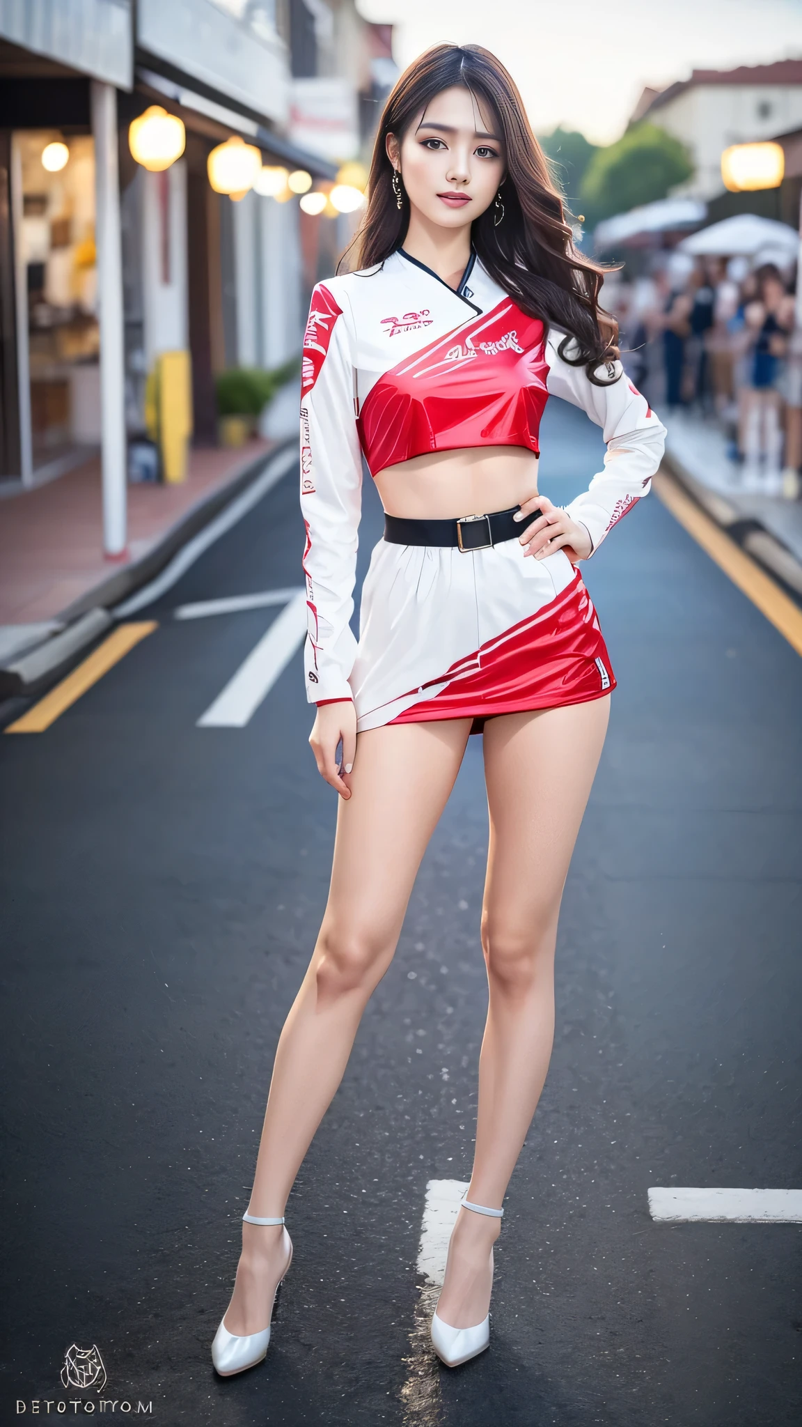 A beautiful Japanese woman, 20 years old, perfect anatomy, healthy thighs, beautiful legs, beautiful skin, random hair color, random hairstyle, large breasts, race queen, (race queen costume:1.3), zent, (she is standing:1.2), full body shot, high heels, racing circuit, (best quality,4k,8k, highres, masterpiece:1.3), (extremely detailed:1.2),photorealistic, cinematic lighting,HDR,professional photography, vivid colors