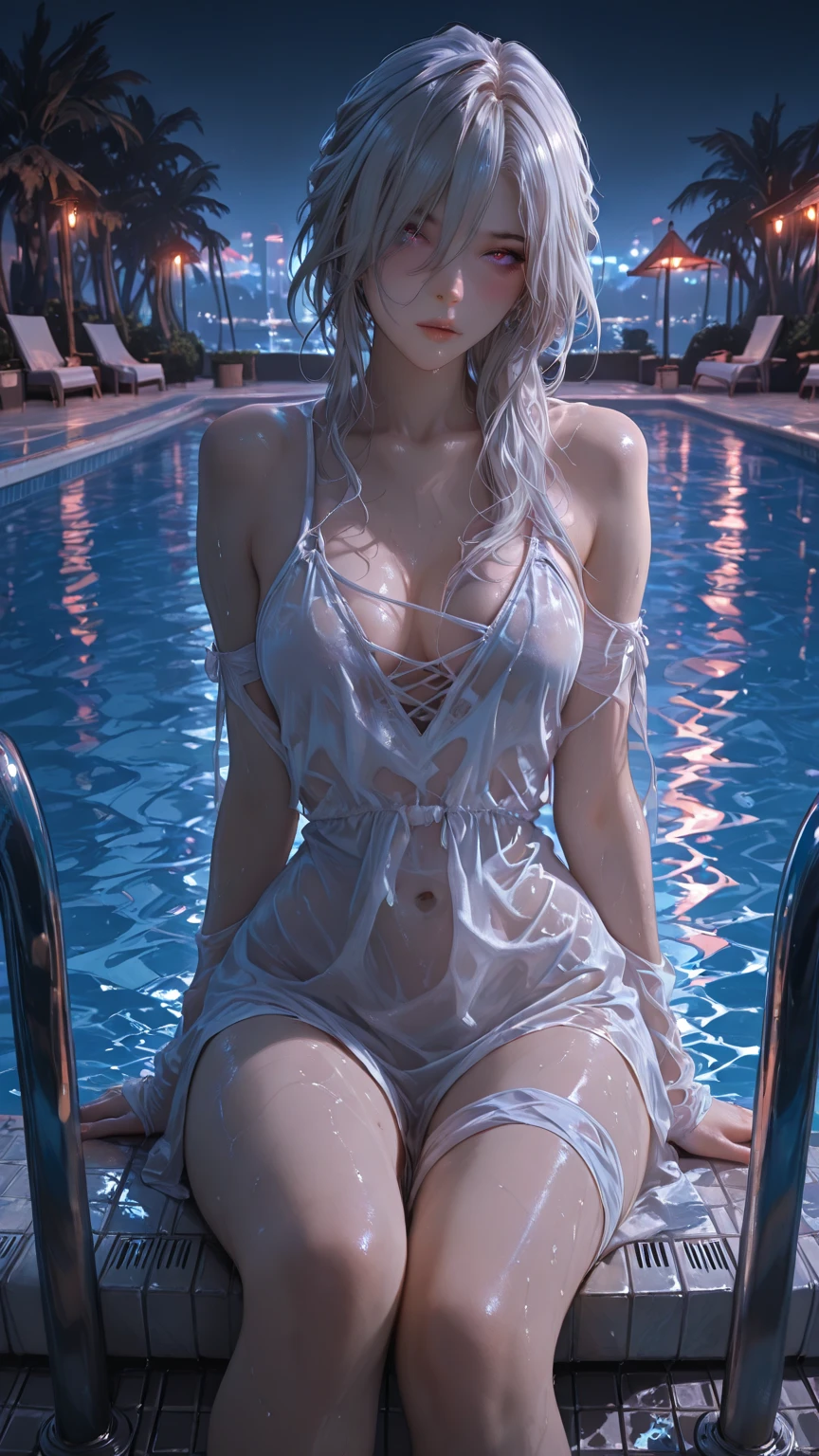 very beautiful cute girl, (tmasterpiece:1.3), (8K, realistically, RAW photogr, Best quality at best:1.4), Focus sharp:1.2, Beautiful woman with perfect figure:1.4, Skinny belly:1.2, ((Layered Hair Style)), (((Huge cleavage :1.6))), (((????? ???))),(shaved hair), (Wearing a white transparent extreme micro ??????,), Highly Detailed Face and Skin Textur, 詳細な目, photorealistic eye, 美丽詳細な目, (Realistic skin), Attractive, 超高分辨率, hyper realisitc, The content is very detailed, the golden ratio, (Detailed faces:1.2), looking at viewert, ssmile, Full body photo, (Not wearing a bra), (((()))), (((sitted，knee bend，Bend your legs))), (A beautiful Blue eyes, gorgeous pale pink curly hair, white skinned, Skinny belly,  perfect slim figure), (hori'Moisture content), ((She's wet)), ((Kneeling department store customer service)), ((Shoot from a high angle)), (out your tongue，with her mouth open:1.2), (Eyes looking upwards:1.3), (Her face and ??????? are wet),