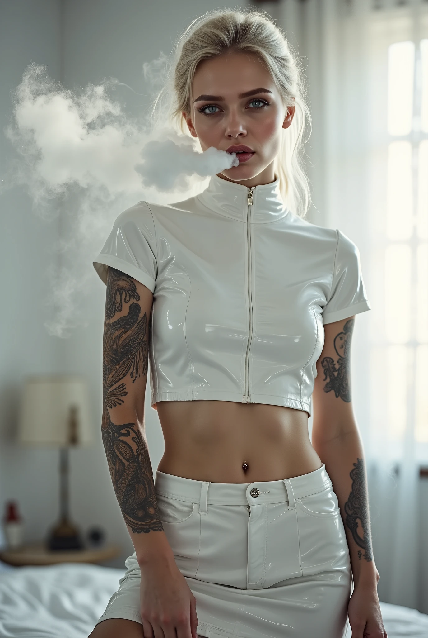 Photo of a pale fair-skinned 20 year old woman with white hair, looking at the camera. She is under a short cropped high-neck white patent leather t-shirt, and white patent leather pencil skirt. Intricate dark tattoos on her arms and abdomen. Bellybutton piercing. She exhales a large cloud of smoke from her mouth. She is in a bright white bedroom, with sun streaming through the lace curtains. She looks content.