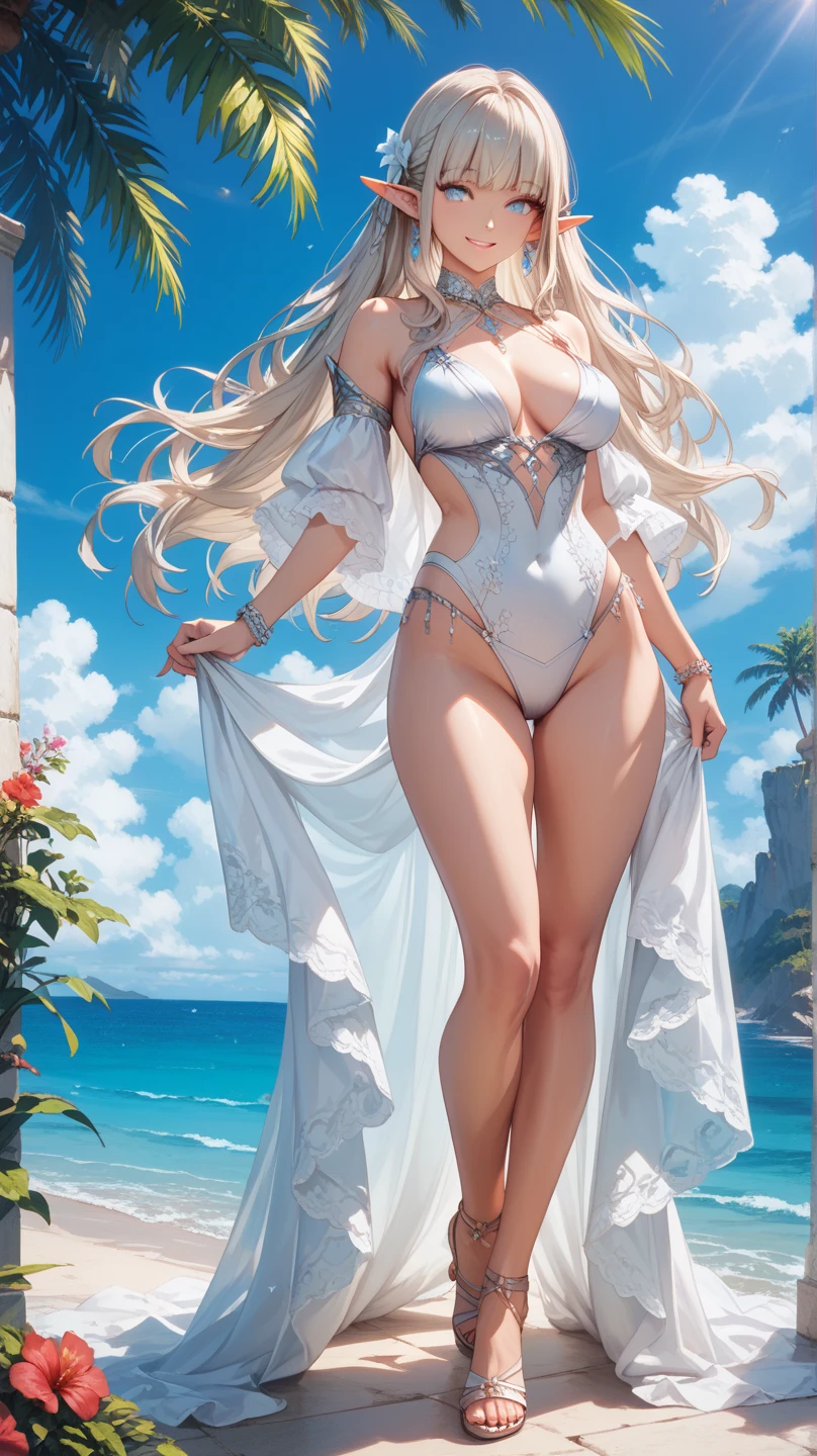 high high quality，tmasterpiece，ultra - detailed，A high resolution，，navel，，hand on her own chest，，The halo，Full body lesbian，An extremely delicate and beautiful girl，Big blue eyes，Raised ，8K，，Bess，centado sul playa，lace  hose,with her mouth open,,Cute nose,Cute and beautiful girl,The legs are relatively long,Bigchest,The eyes are relatively large,Long gray hair，The eyeballs are relatively large,sparkle in eyes,Tender feet,The nose is relatively large,white color hair,no shoe，Pretty ,,at a forest,legs long,超级Pretty 又可爱的脸，jade foot，