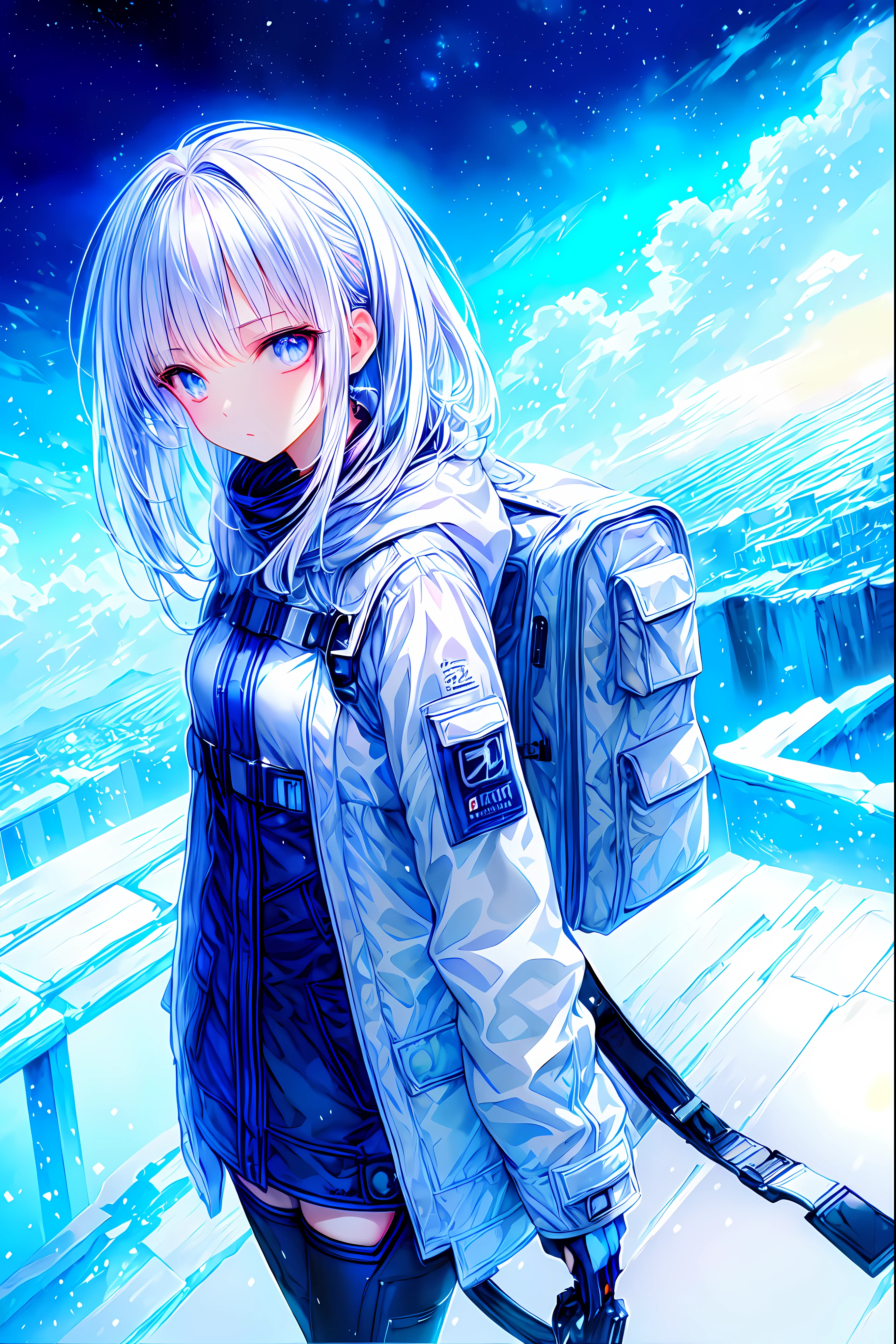 Time Traveler Girl,Breathing white ，((Time Traveler's Mark))，SPRING COAT, backpack on back,backpack is a time travel device,Misoperated,Ice Age,Frigid World,blizzard,meteor、空から降り注ぐmeteor、無数のmeteor群、Early Lady Fantasy,best quality,8K,HDR,UHD,live action style,vivid colors,High Contrast, Snow Scenery ,fantasy illustration,digital art，modern, Realistic, colorful, Fine, High Definition, 4K, Clear Light, evening, cityscape, three-dimensional effect, shadow, detailed, Character, Characteristic Details of Her Face, Position, expression, action, High Quality, photographicな効果, high definition, Detailed Expression,  Ambient Background , Textured Effects, Atmosphere Production, Lighting Processing, portrait, realistic, Oil Enamel, detail description, 4K, 8K, high definition, Masterpiece, Super Detailed, photographic, Physically Based Rendering, Professional, vivid colors, Bokeh