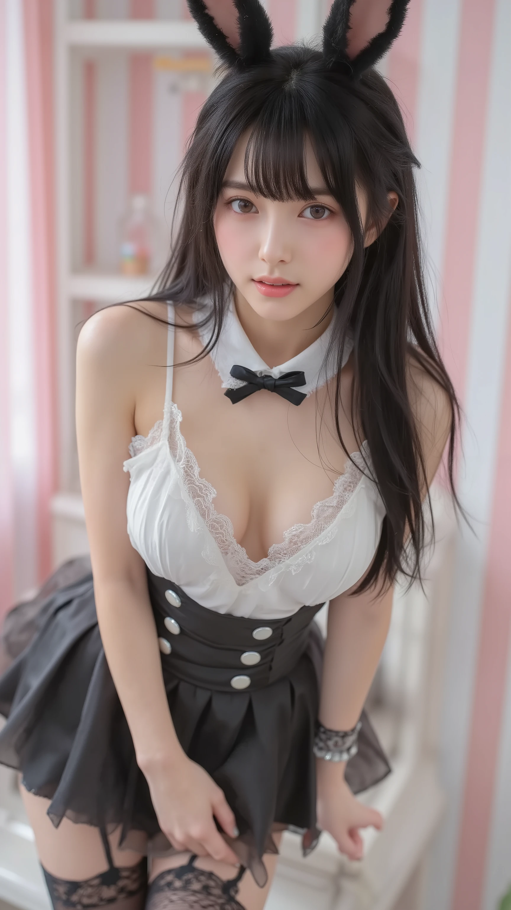JP,JP1,,JPp,,Sliding Areolas,JP,JP,(masterpiece, Highest Quality:1.2), 1girl, solo,young woman with long black hair and bangs, is wearing a black and white bunny costume、with a bow tie and buttons, Paired with lace stockings、A room with vertical pink and white stripes, Soft room lighting, Shelf in the background.