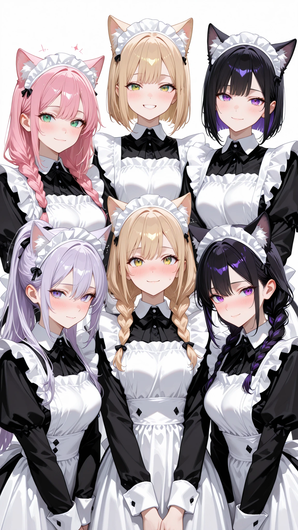(IBG), ((((masterpiece)))), ((((highest quality)))), (high resolution), (32K), (ultra high definition), (absurd), (cinematic scale), (extremely detailed CG), (very very detailed), (beautiful and delicate eyes:1.2), (perfect anatomy), (smooth and soft skin), (white background:1.5),
5 beautiful catgirl maids, (bust-up composition), standing side by side in a balanced lineup, each with distinct hairstyles, hair colors, and expressions.
1. Silver-haired catgirl with straight long hair and blue eyes, calm and gentle smile.
2. Black-haired catgirl with short bob cut, golden eyes, composed and elegant expression.
3. Brown-haired catgirl with twin braids, green eyes, cheerful and bright smile.
4. Blonde catgirl with loose wavy hair, pink eyes, shy blush and soft gaze.
5. Lavender-haired catgirl with ponytail, purple eyes, confident and mature smile.
All wear classic maid uniforms with frilled lace aprons, black and white color scheme, ribbon accents, and delicate details.
Their cat ears match their hair tones, twitching slightly with charm.
Lighting: soft cinematic glow, emphasizing their faces and silky hair texture.
Style: ultra-detailed anime-style CG, harmonious color and composition balance.