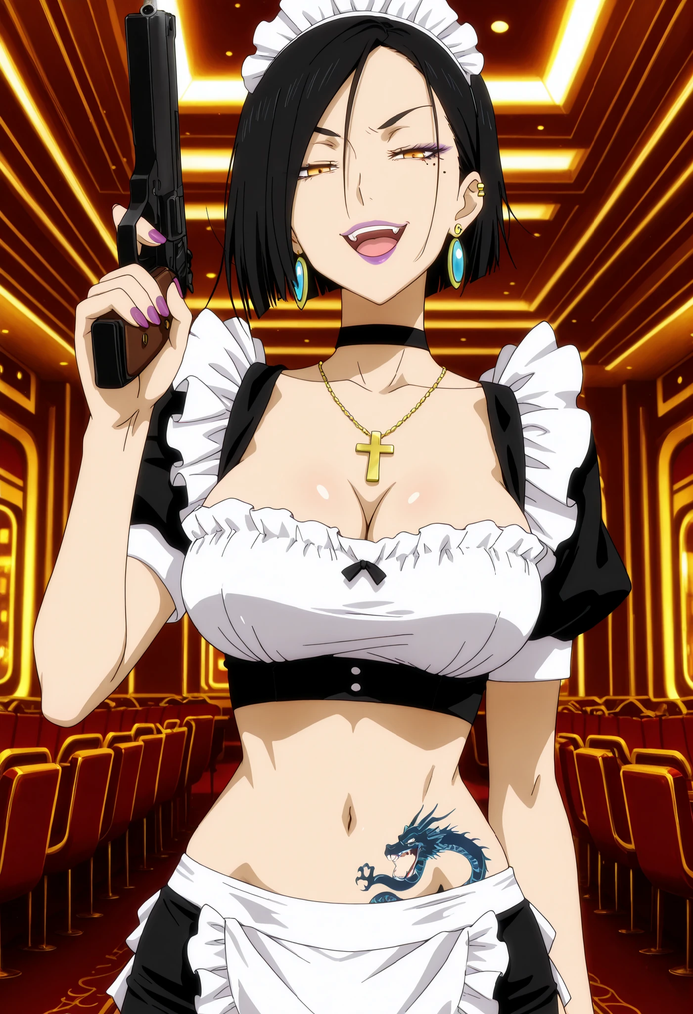 masterpiece, best quality, amazing quality,,  aria sanka, short hair, , black hair, mole, mole under eye, makeup, mature female,, anime screencap, , jewelry, earrings, necklace,, lipstick, ,  slooking at viewer, holding, holding cigarrette, smoking, nail polish , , makeup , ear piercing ,  , lipstick , Hot girl , baddie , smoking , sensual , attractive , choker ,  cross necklace ,jewelry, earrings, complex detailed background, casino environment, fancy interior environment,
rich interior, masterpiece, best quality, highly detailed, a girl in maid uniforms, holding pistol, maid
outfit, cleavage, evil smile, smile, open mouth ,official artwork, () , beautiful maid
girl, , micro skirt, exposed belly, exposed navel, exposed midriff, exposed lower belly, holding a gun, medium , dragon tattoo on waist, narrowed eyes, tattoo on waist,, anipai_style , anime screencap , anime coloring,,