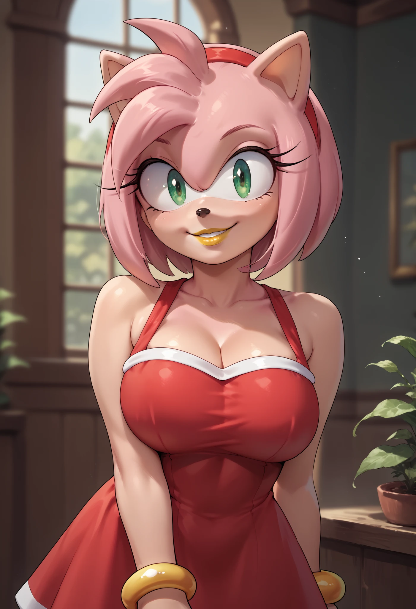 Female furry, green eyes, pink hair, big breasts, red dress, anime style, yellow lipstick, Amy Rose, sensual smile 
