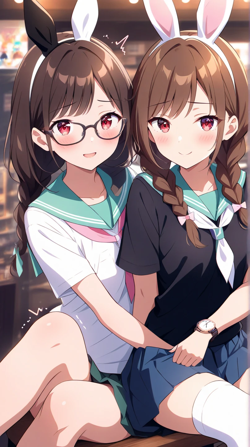 ultra-detailliert, Best Quality, High resolution, ((Two cute little girls with dark hair))、Pretty eyes、Detailed eye depiction、Eye sparkle、Looking at Viewer, pale skin、(((Petite))), 　(flat ), (big glasses), (blush:1.2), （big eye：1.5）, Shy smile, , swimming pools, Focus on the face, Long hair with braids,