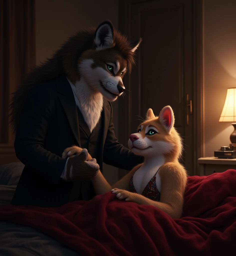 Wolf dressed in black suit with white stripes taking photos of  17 year old woman with huge breasts and big buttocks in motel