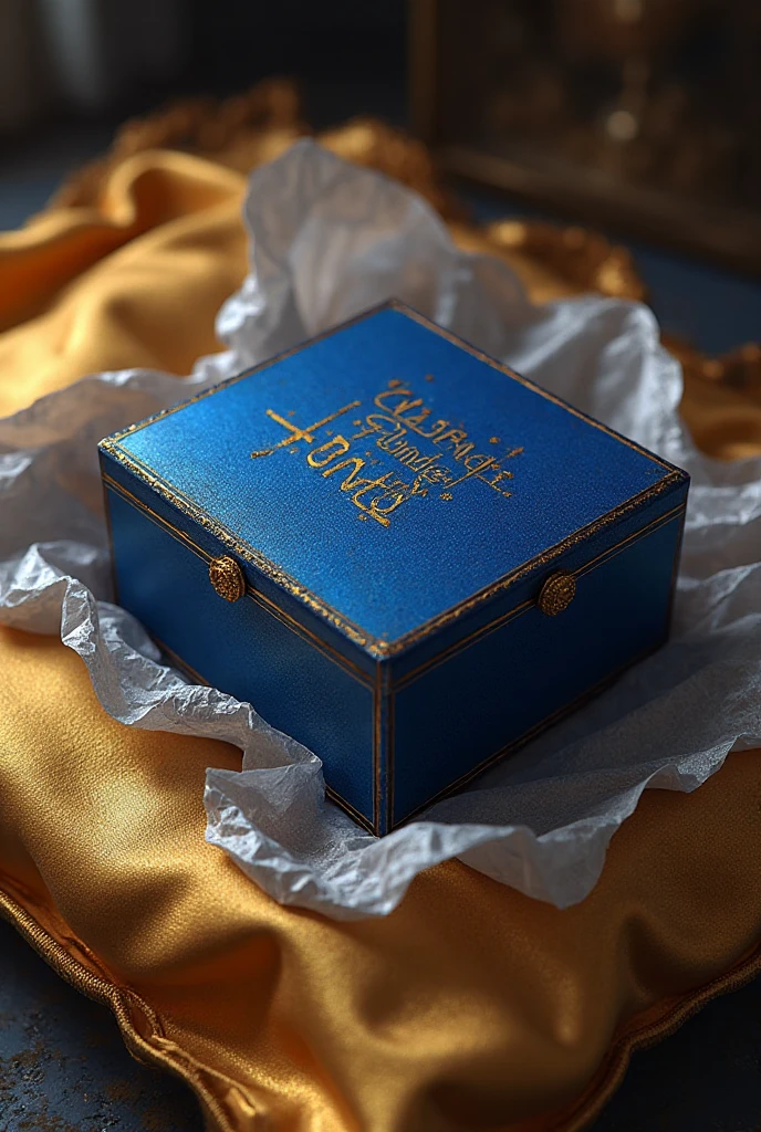 Royal blue box written ThunderPets in gold, inside a gold pillow, An open silver tissue paper on top of the cushion 
