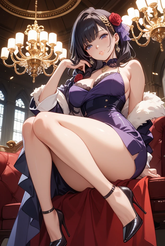 masterpiece, best quality, <lora:tifa-nvwls-v2-000008:0.9> mdTifa, red eyes, long hair, crescent earrings, lace choker, cleavage, purple dress, sleeveless, short dress, purple high heels, large breasts, sitting, mansion, throne, looking at viewer, smile, chandelier